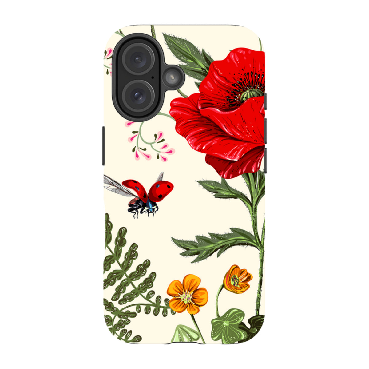 iPhone tough case featuring a red poppy, small orange flowers, and a ladybug on a cream background with dual-layer protection.