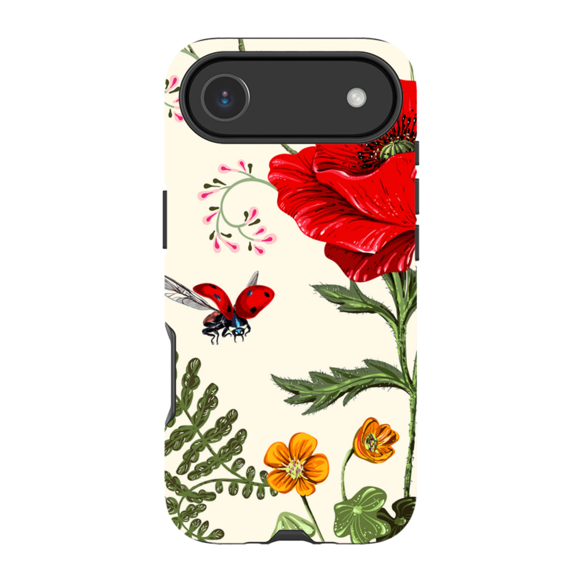 Dual-layer iPhone tough case with a cream background, red poppy flowers, orange blossoms, and a flying ladybug.