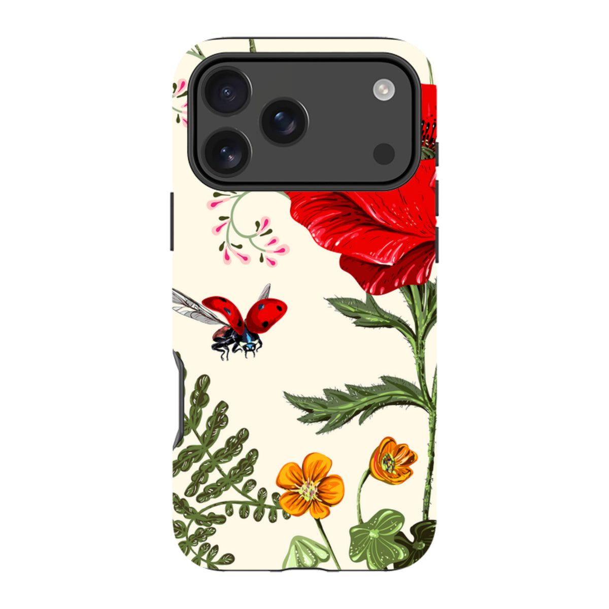 iPhone tough case featuring a cream background with red poppies, orange flowers, and a flying ladybug illustration.