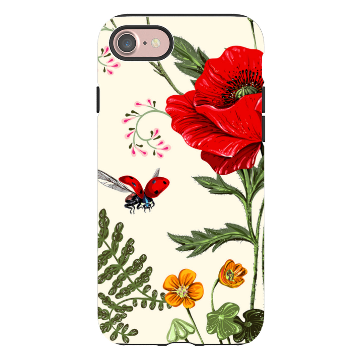 iPhone tough case featuring a vibrant red poppy, small orange flowers, and a ladybug on a cream background.