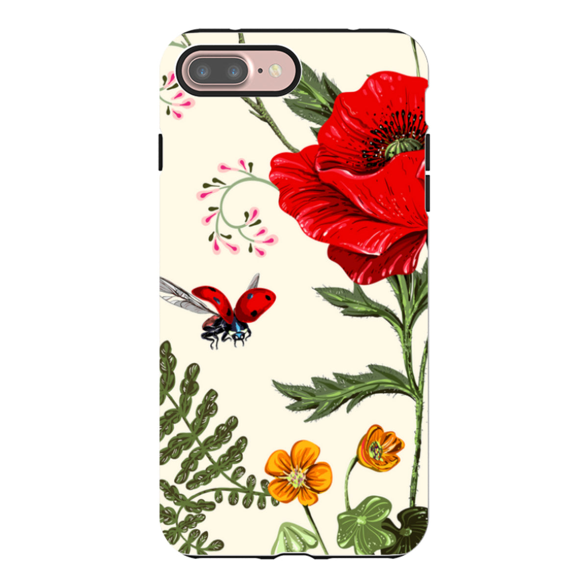 iPhone tough case featuring a Garden Delight print with red poppies, orange flowers, and a ladybug on a cream background.