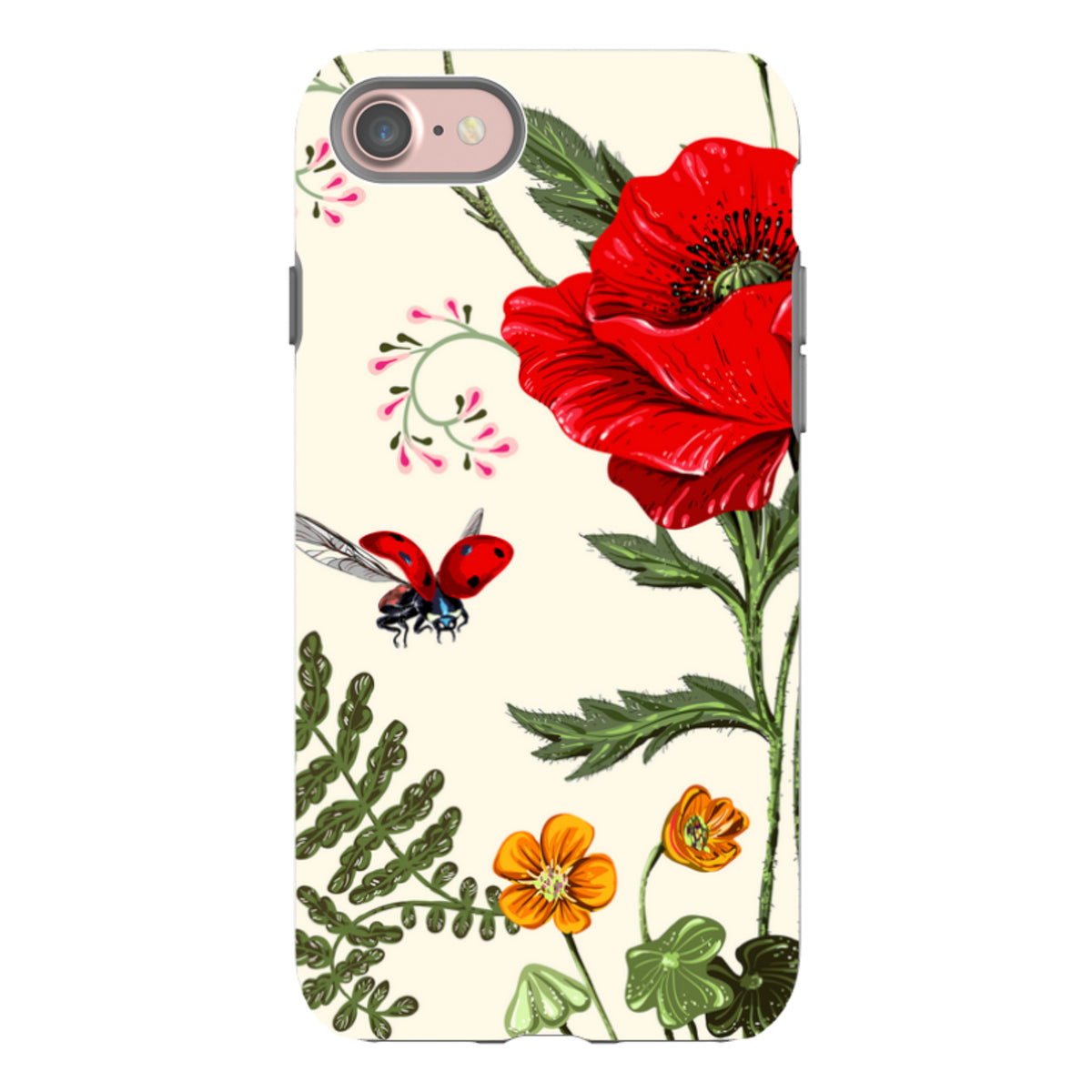 iPhone tough case featuring a cream background with vibrant red poppies, orange flowers, and a flying ladybug.