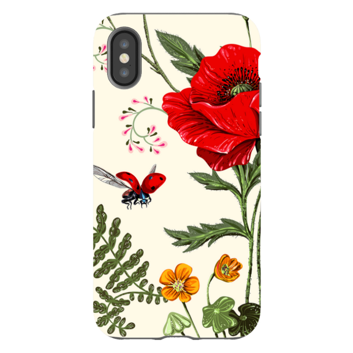iPhone tough case featuring a red poppy, small orange flowers, and a ladybug on a cream background.