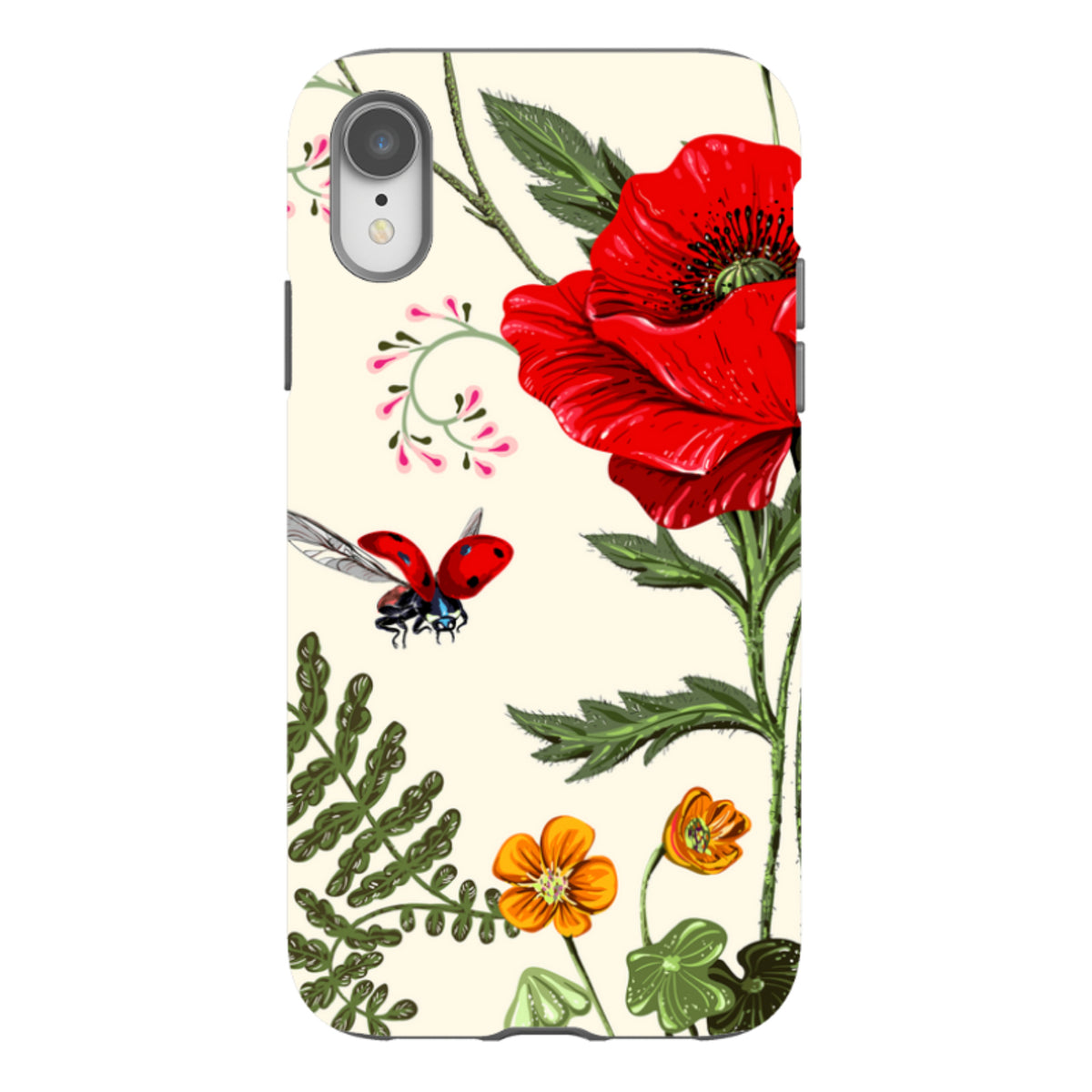 iPhone tough case featuring a red poppy, small orange flowers, and a ladybug on a cream background.