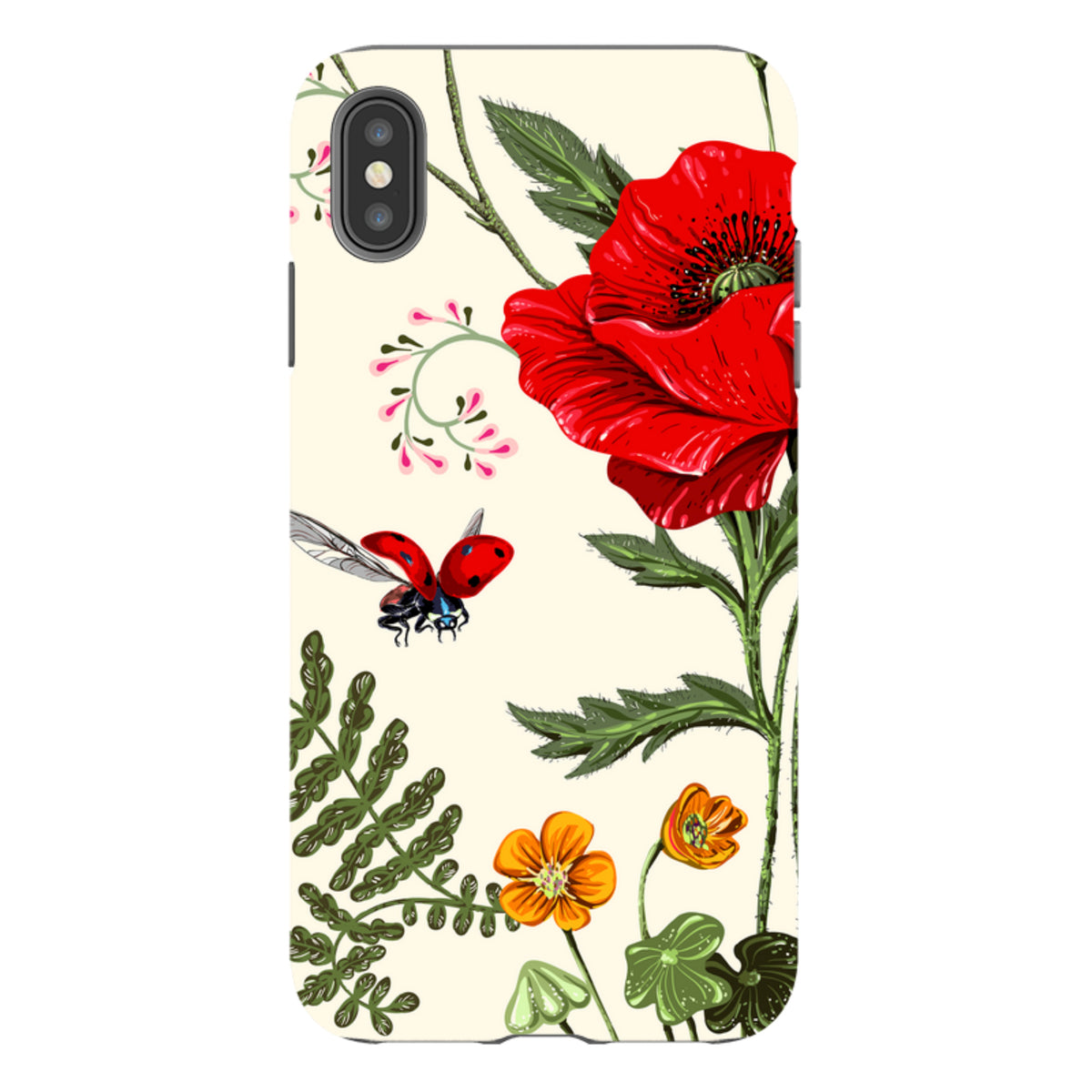 iPhone Tough Case featuring a cream background with red poppies, small orange flowers, and a flying ladybug.