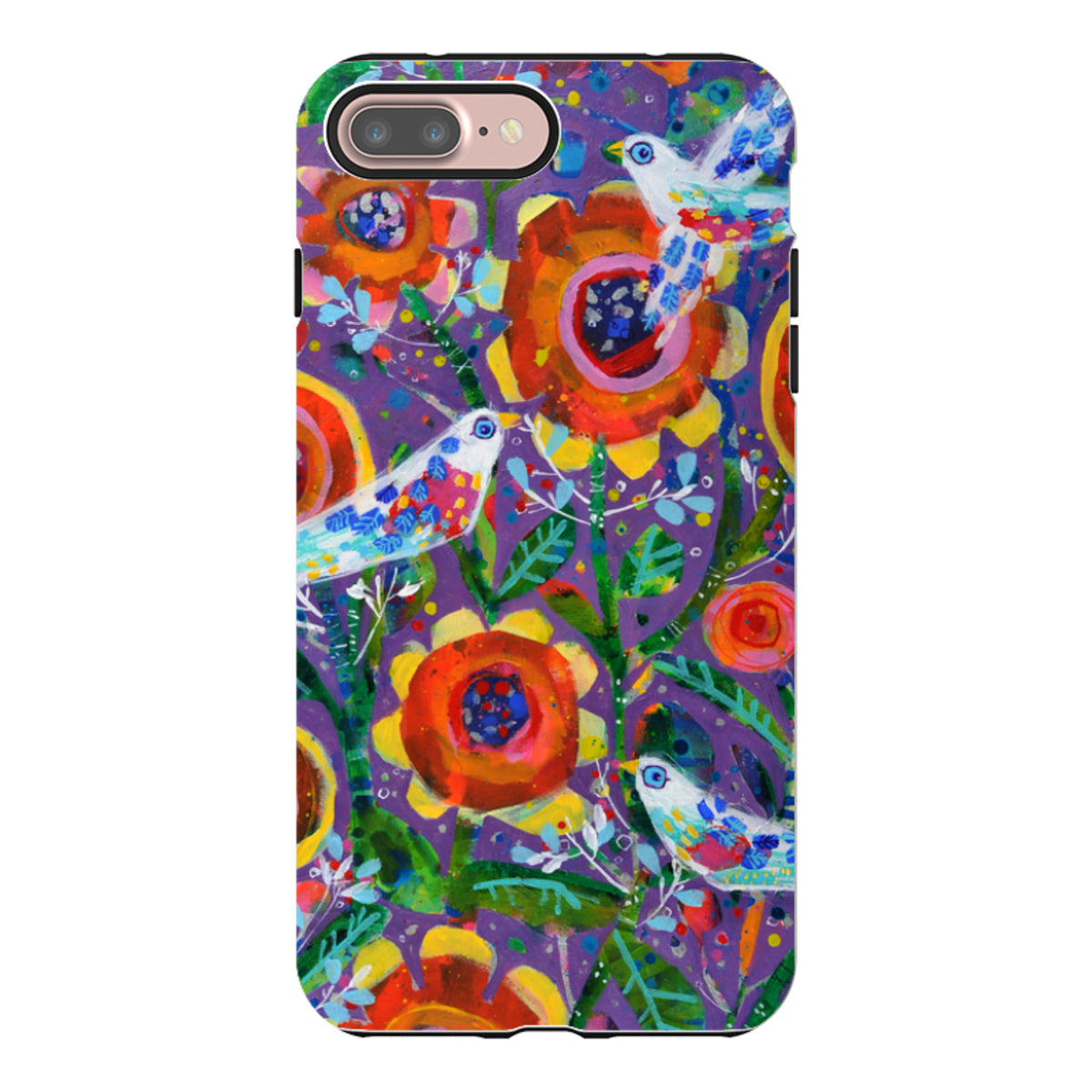 iPhone tough case featuring Claire West's Garden Party art with colorful birds and flowers on a vibrant purple background.