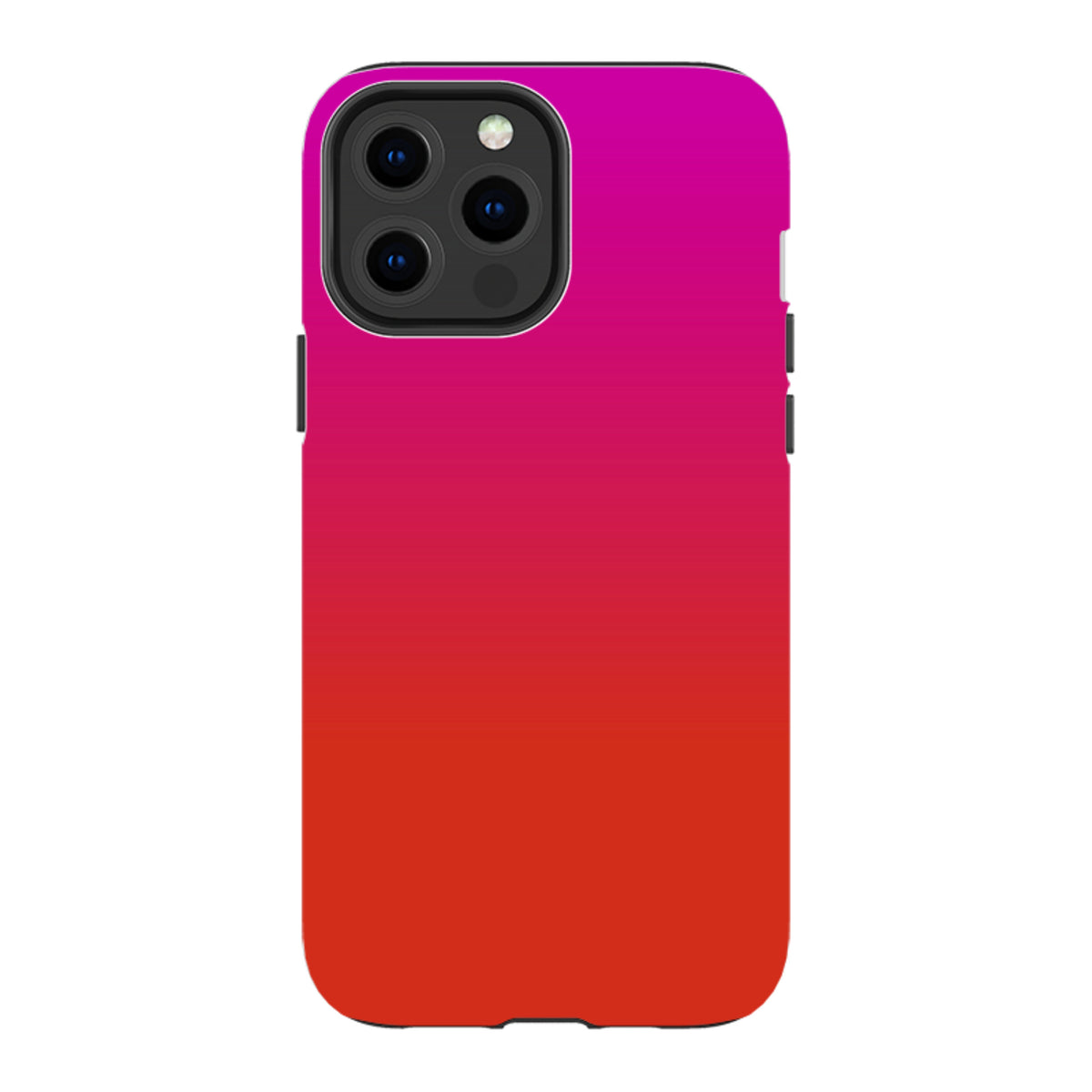 Dual-layer iPhone tough case featuring a vibrant pink to red gradient design by Kitty Joseph with precise camera cutouts.