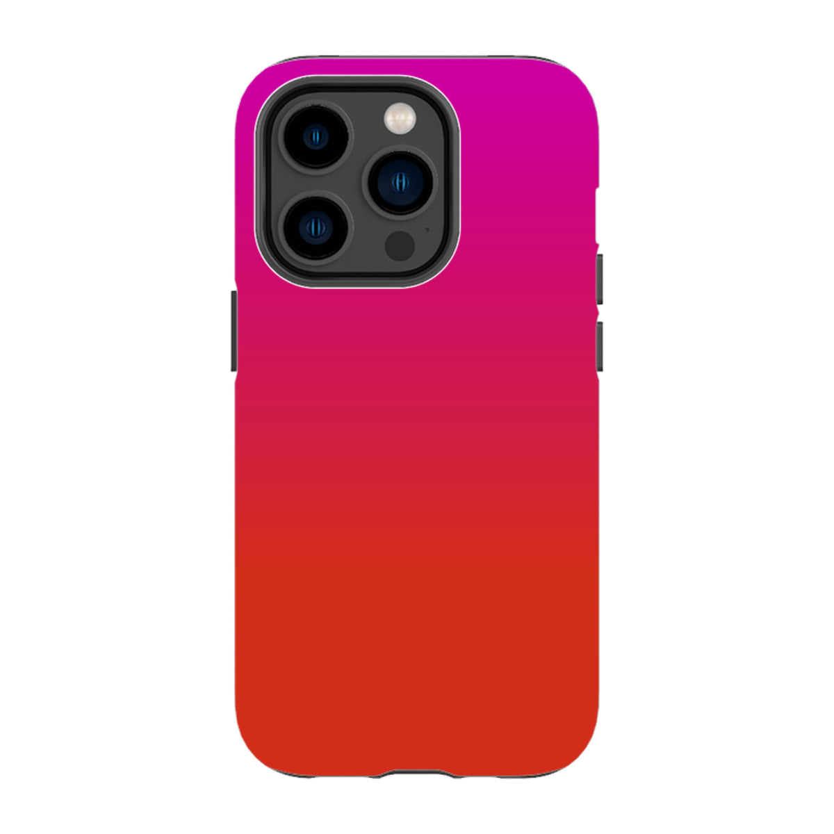 iPhone Tough Case in Geranium pink and red gradient with dual-layer protection and precise camera cutouts.