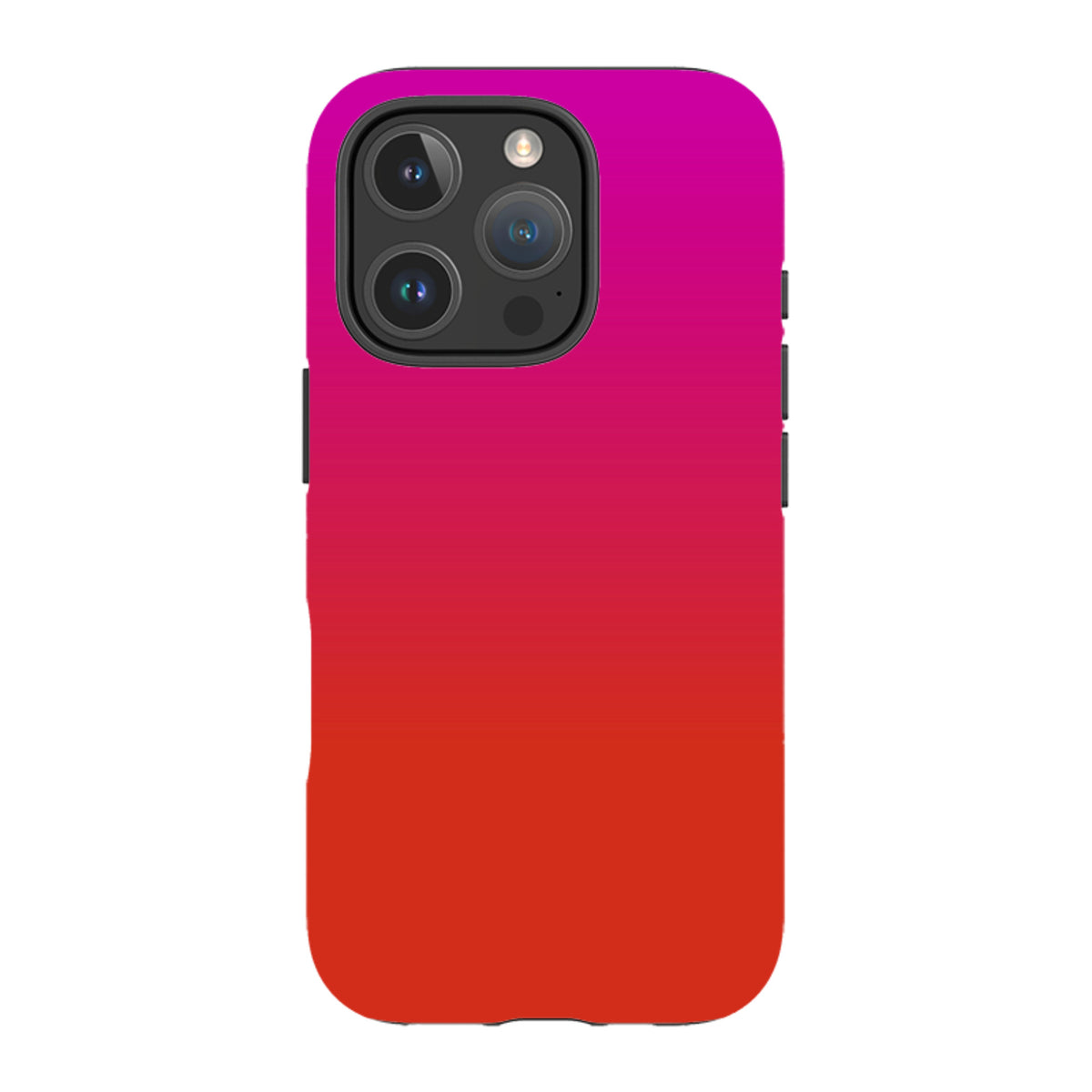 iPhone Tough Case in a vibrant pink-to-red gradient design with a protective dual-layer shell and camera cut-out.