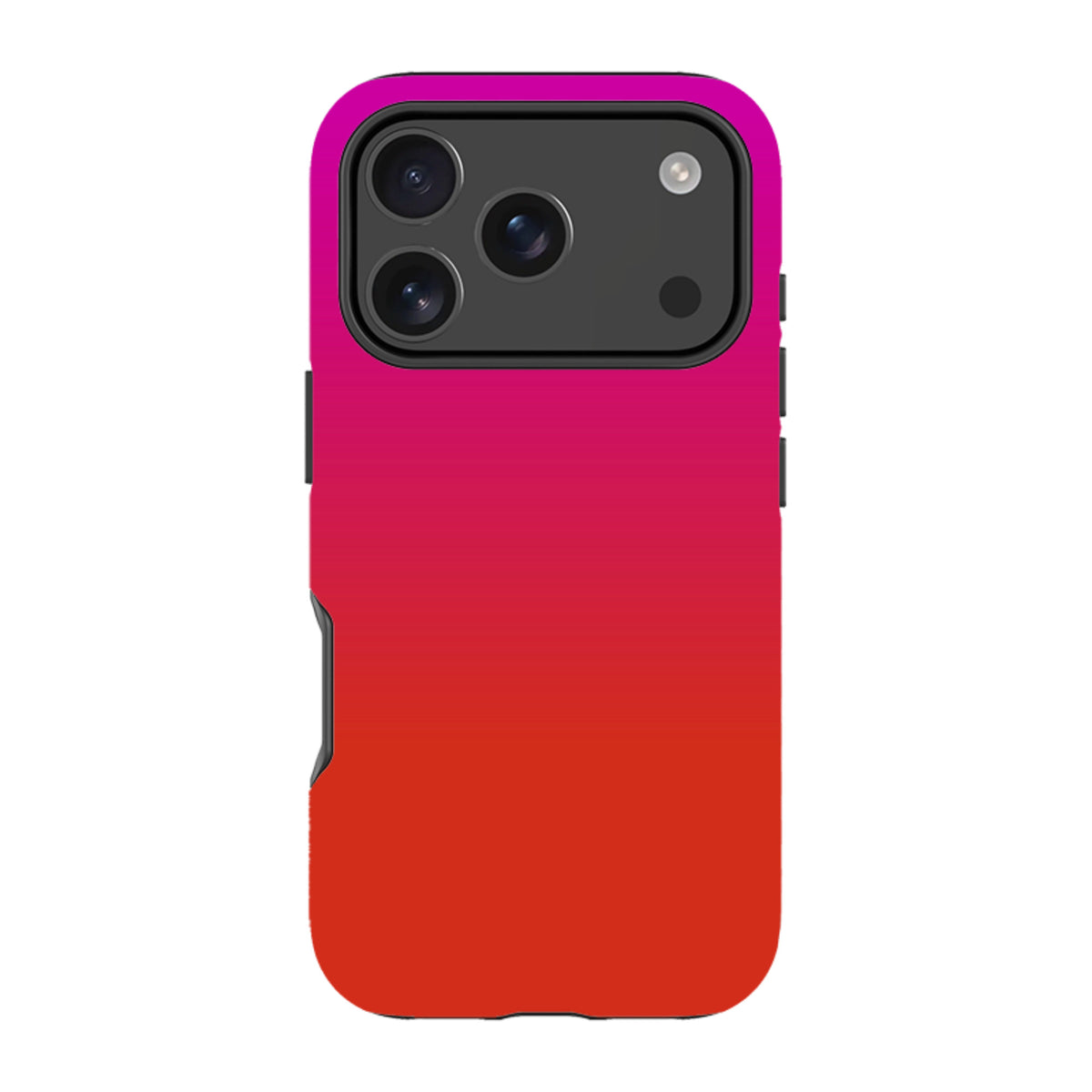 iPhone Tough Case in a vibrant pink-to-red gradient design with a protective black dual-layer frame and camera cutout.