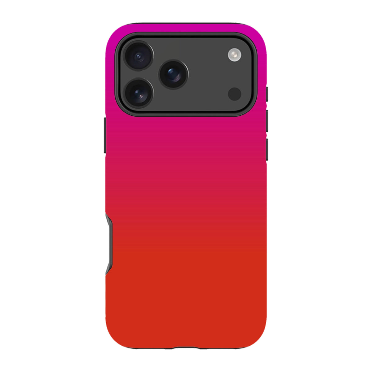 iPhone Tough Case in Geranium pink and red gradient with a dual-layer design and protective black camera frame.