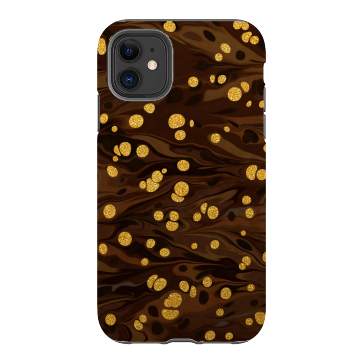 iPhone tough case with a swirling dark brown ginger soda pattern and shimmering gold glitter accents.