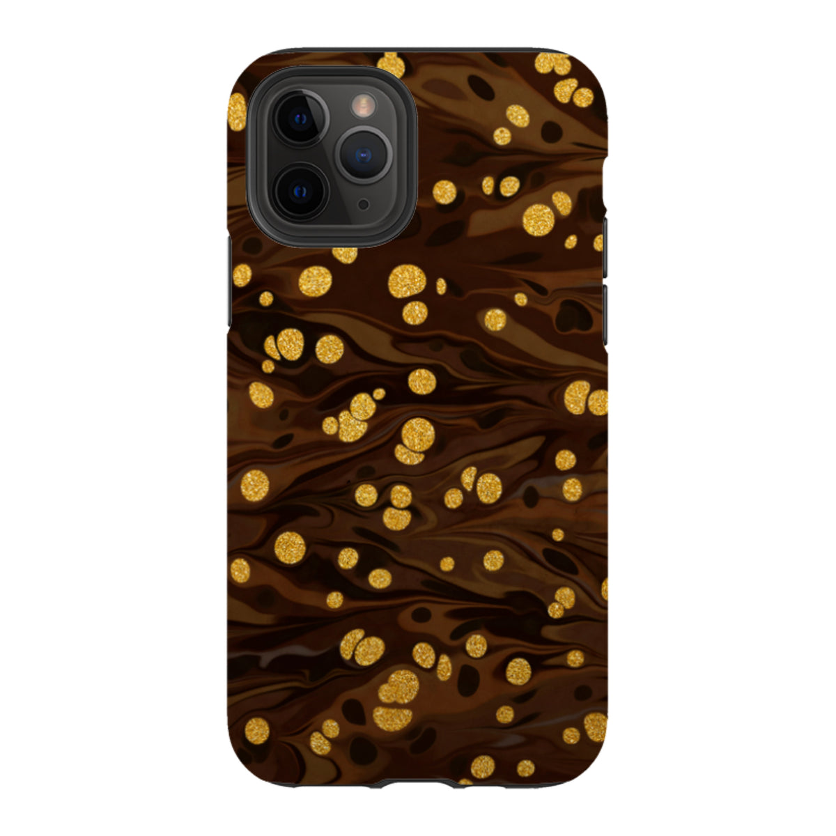 iPhone Tough Case in Ginger Soda featuring a dark brown marbled design with shimmering gold glitter accents.