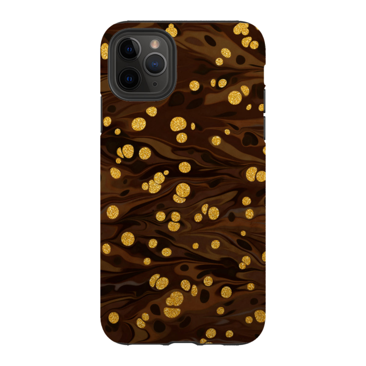 iPhone Tough Case in Ginger Soda featuring a dark brown marbled design with scattered gold glitter accents.