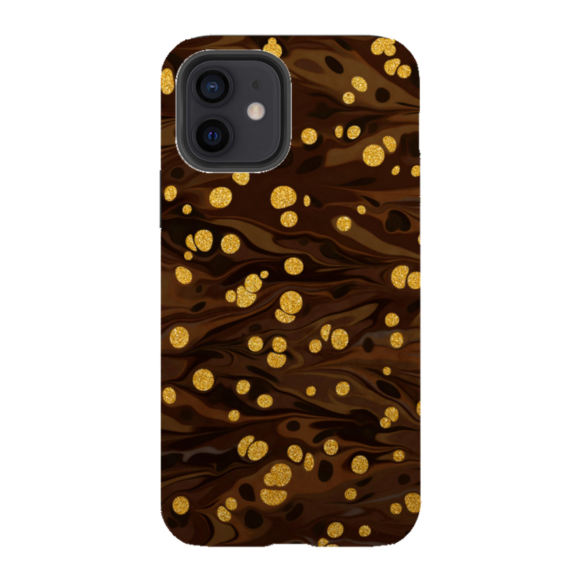 iPhone tough case with a brown marble swirl pattern and scattered gold glitter polka dots for dual-layer protection.