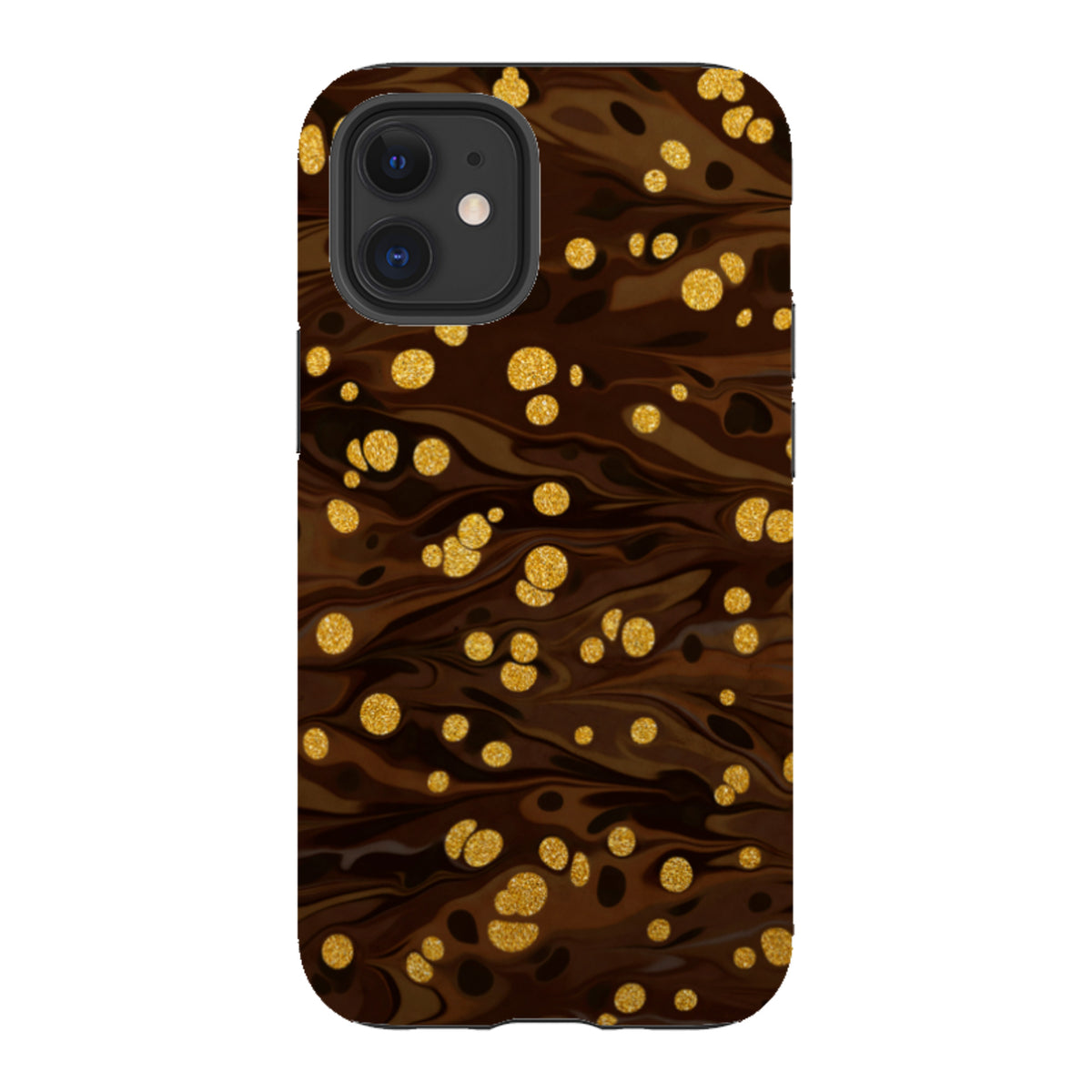 iPhone Tough Case in Ginger Soda featuring a dark brown marbled design with shimmering gold glitter accents.