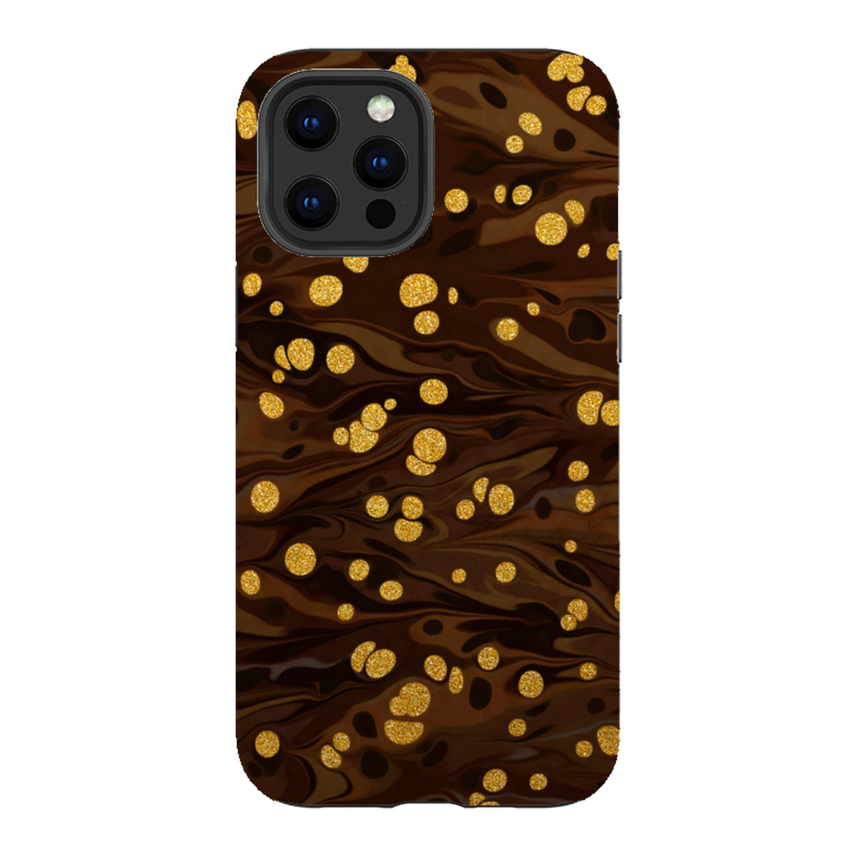 iPhone Tough Case in Ginger Soda featuring a dark brown marbled background with shimmering gold glitter polka dots.