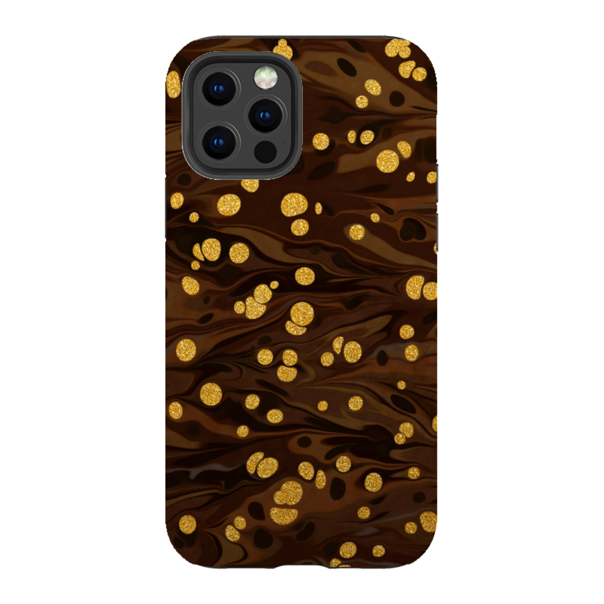 iPhone Tough Case in Ginger Soda featuring a dark brown marbled design with shimmering gold glitter accents.