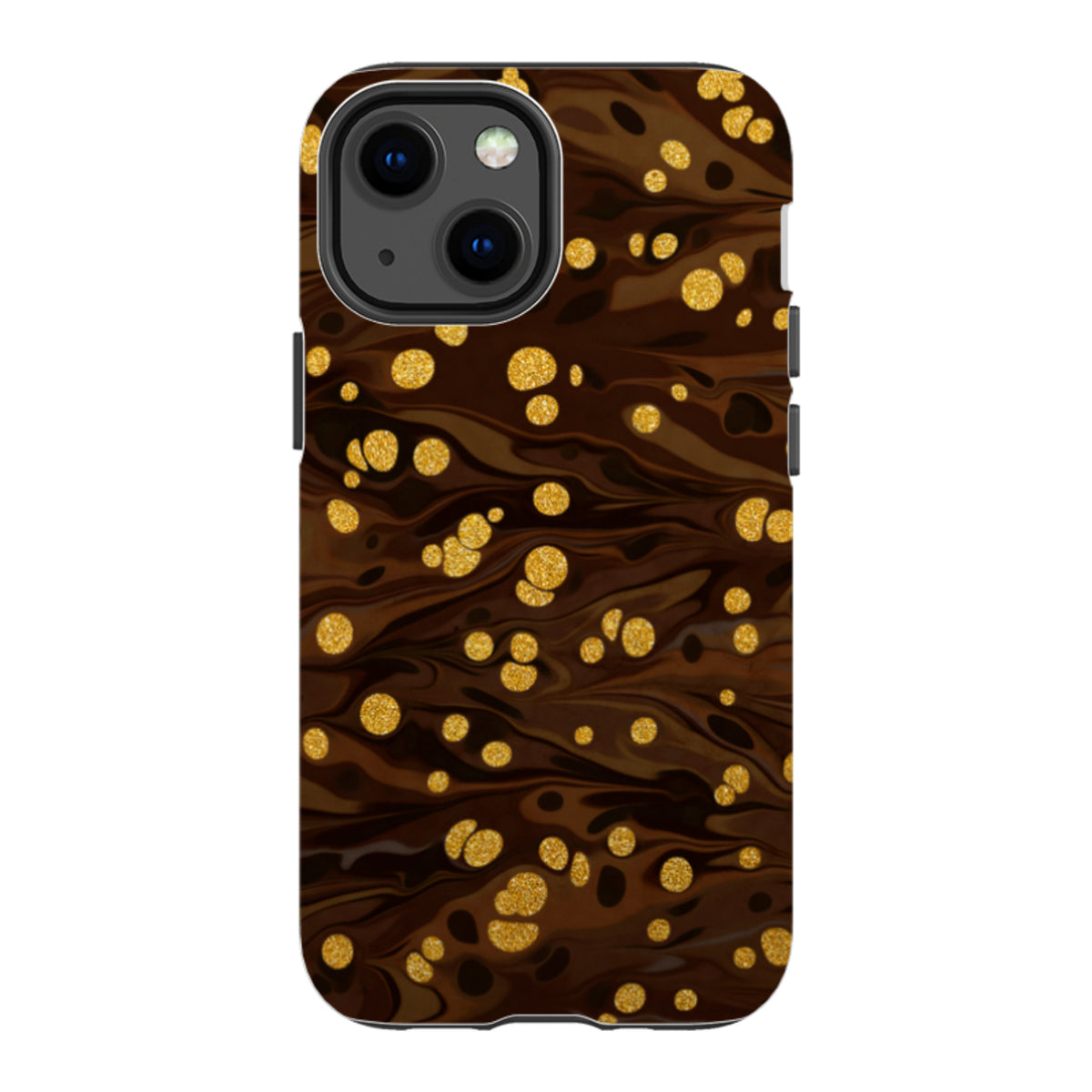 iPhone Tough Case in Ginger Soda featuring a dark brown marbled design with shimmering gold glitter polka dots.