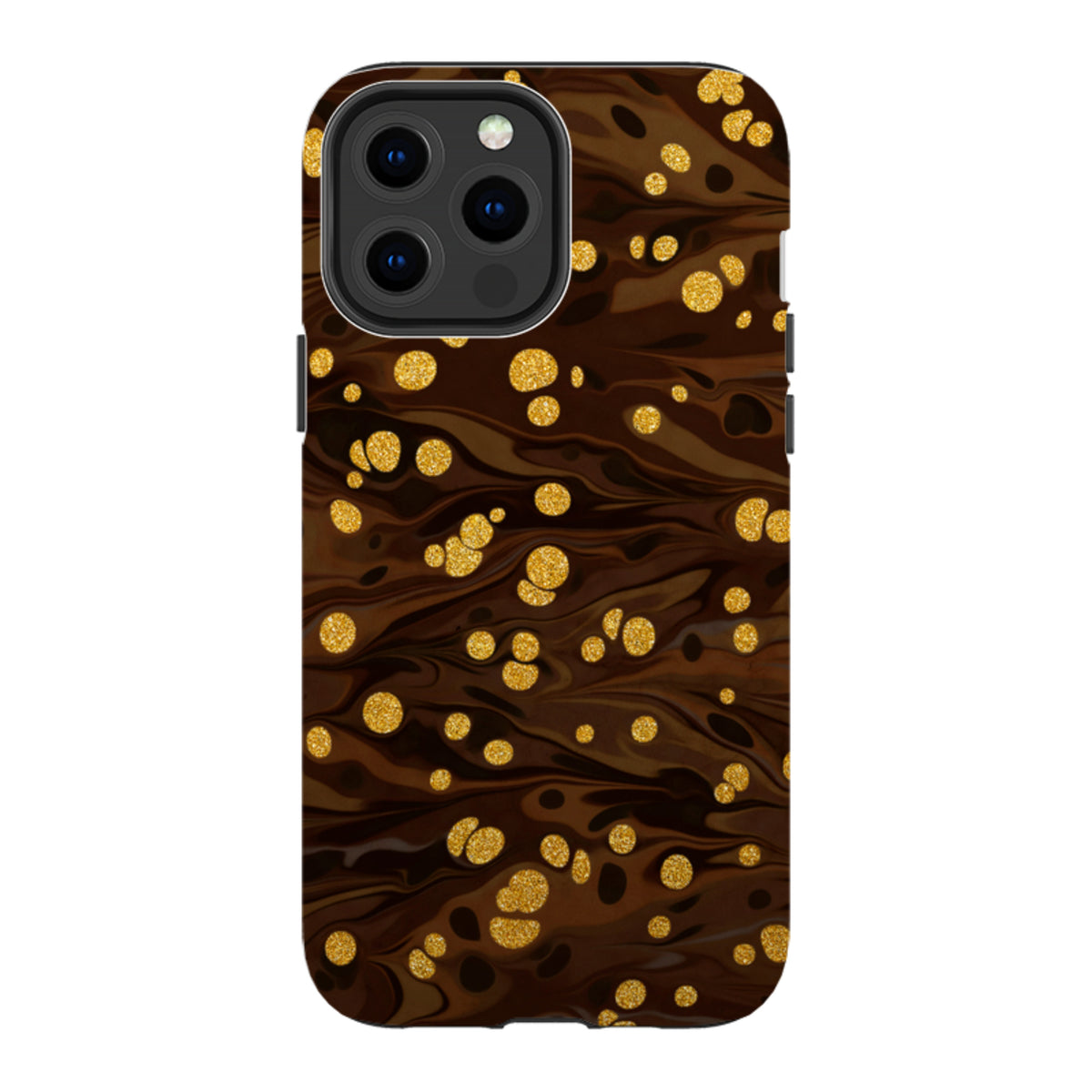 iPhone Tough Case in Ginger Soda featuring a dark brown marbled design with shimmering gold glitter polka dots.