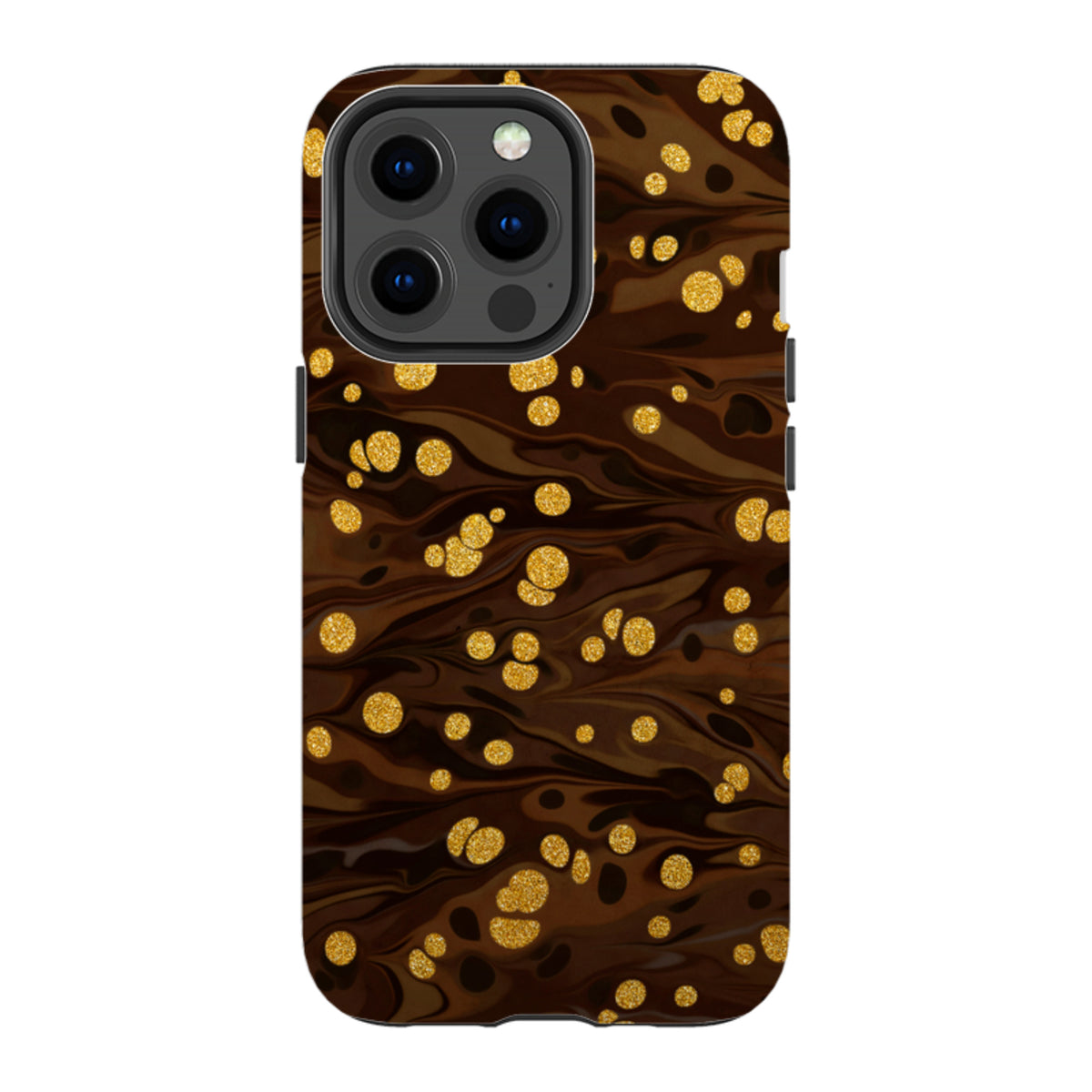 iPhone Tough Case in Ginger Soda featuring a dark brown marbled design with shimmering gold glitter accents.