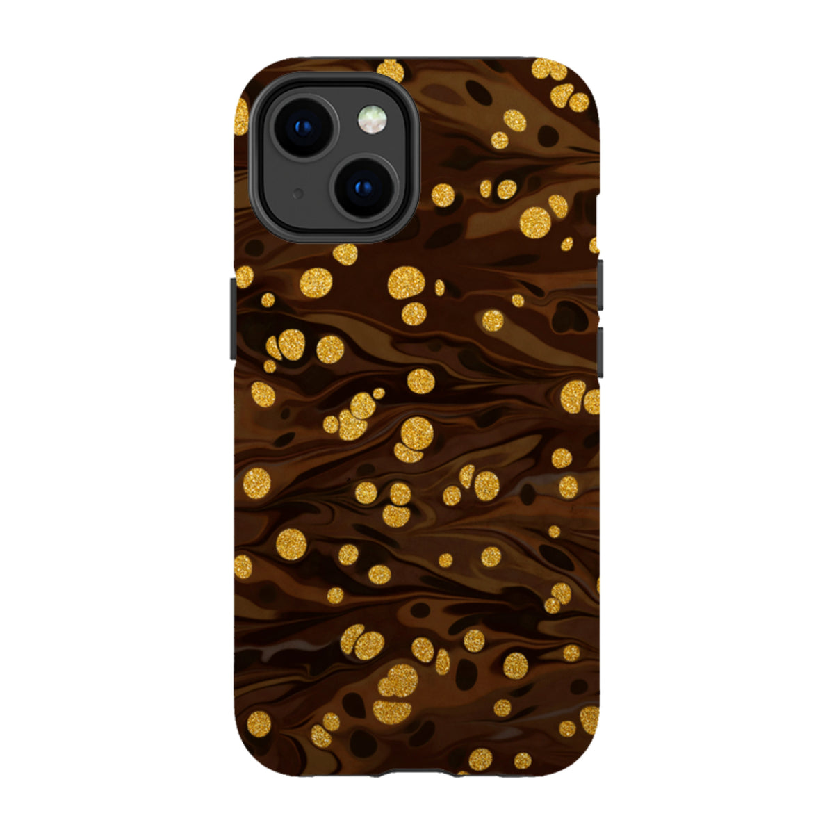 iPhone Tough Case in Ginger Soda with a dark brown marbled design and shimmering gold glitter polka dot accents.