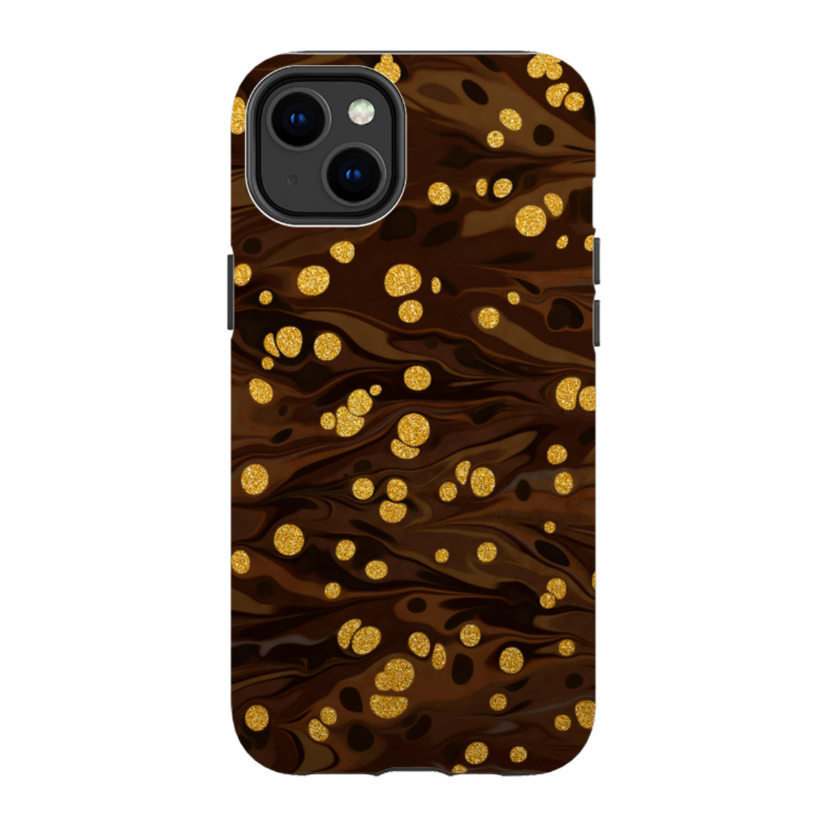 iPhone Tough Case in Ginger Soda design with a brown marble pattern and sparkling gold glitter polka dot accents.