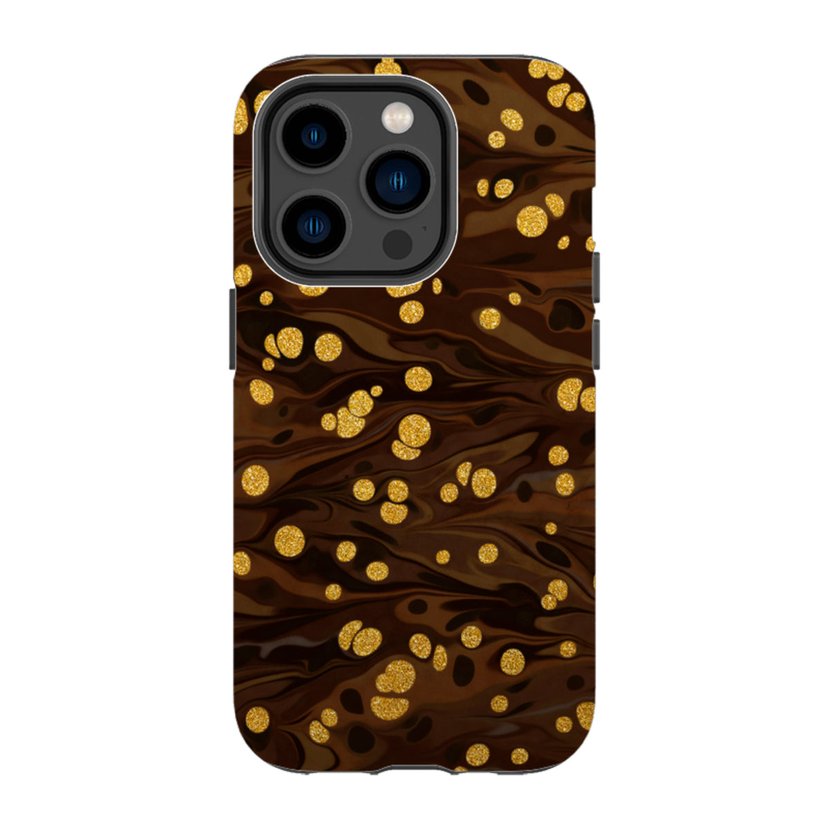iPhone Tough Case in Ginger Soda with a brown marble swirl pattern and shimmering gold glitter polka dot accents.