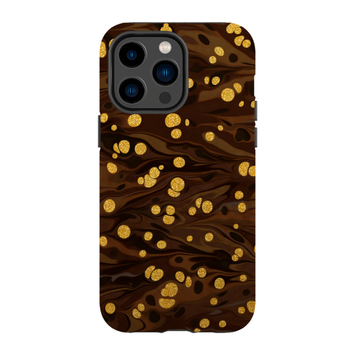 iPhone Tough Case in Ginger Soda featuring a dark brown marbled pattern with sparkling gold glitter polka dots.