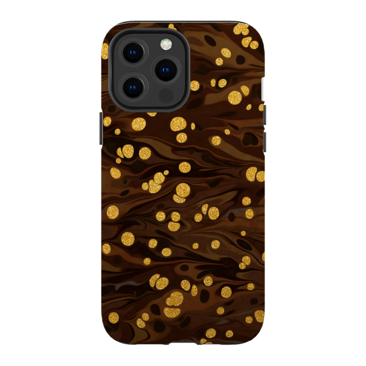 iPhone tough case in Ginger Soda design with brown marbled swirls and sparkling gold glitter dots on a dual-layer shell.