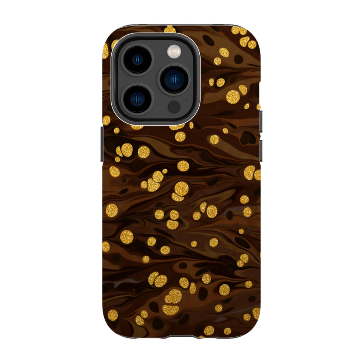 iPhone Tough Case in Ginger Soda featuring a dark brown marbled design with shimmering gold glitter accents.