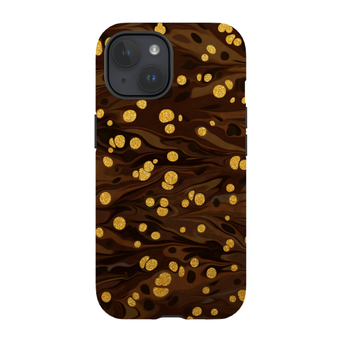 iPhone tough case with a dark brown marbled pattern and scattered gold glitter polka dots for dual-layer protection.