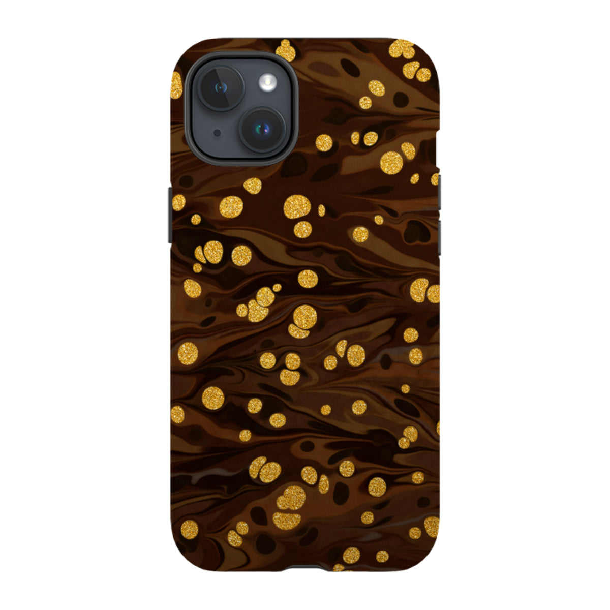 iPhone tough case with a brown marble swirl pattern and sparkling gold glitter dots for dual-layer phone protection.
