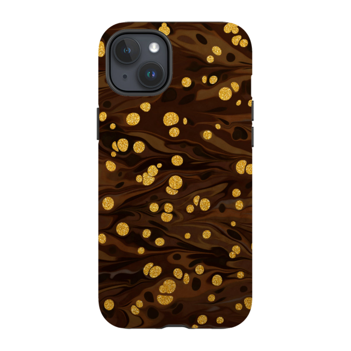 iPhone Tough Case in Ginger Soda with a dark brown marbled pattern and shimmering gold glitter polka dot accents.