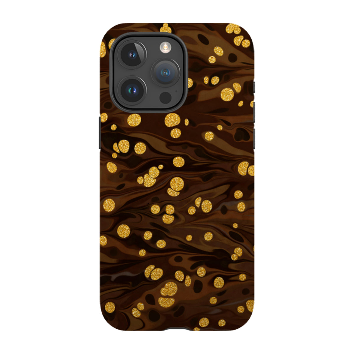 iPhone Tough Case in Ginger Soda featuring a dark brown marbled pattern with sparkling gold glitter polka dots.