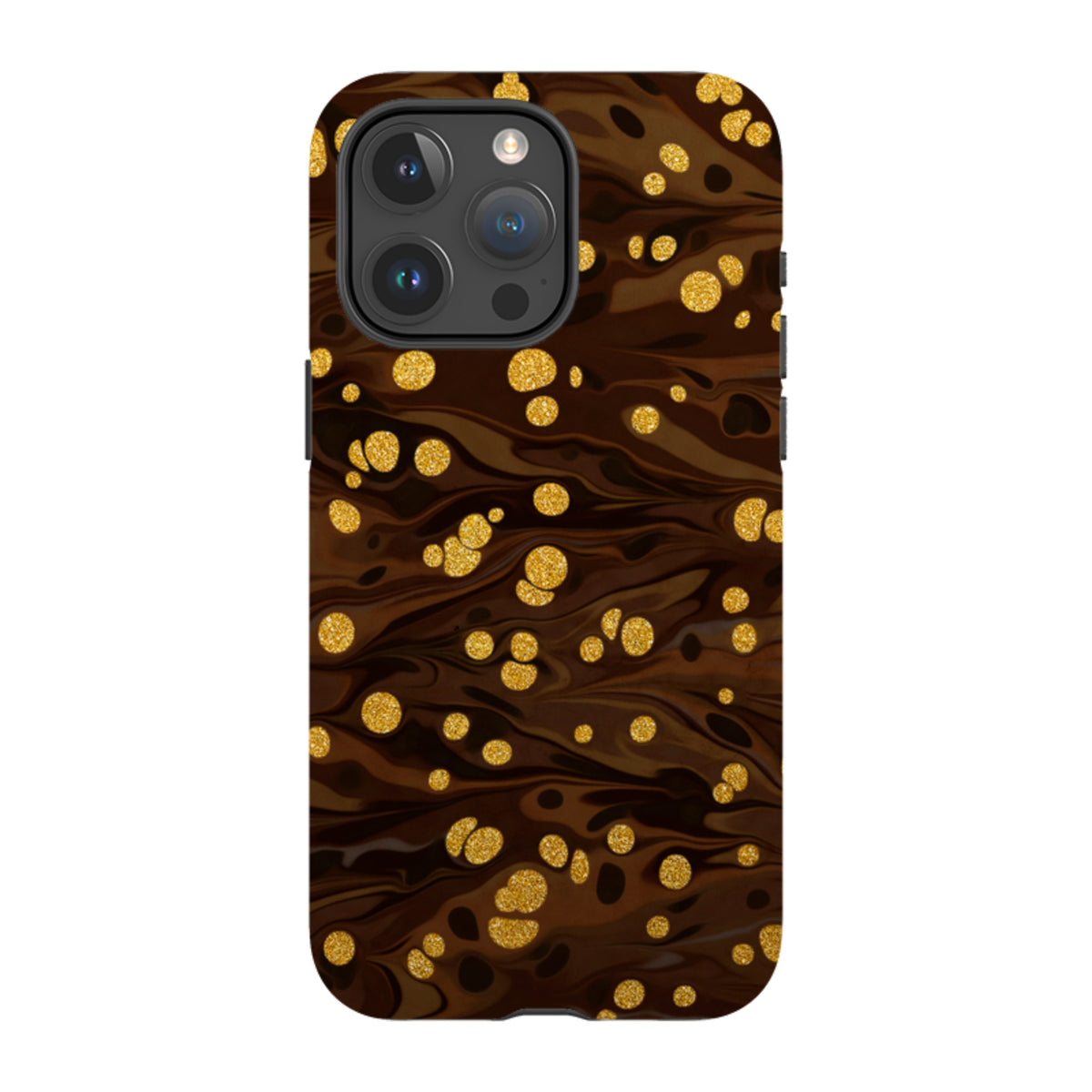 iPhone Tough Case in Ginger Soda featuring a dark brown marbled design with shimmering gold glitter polka dots.