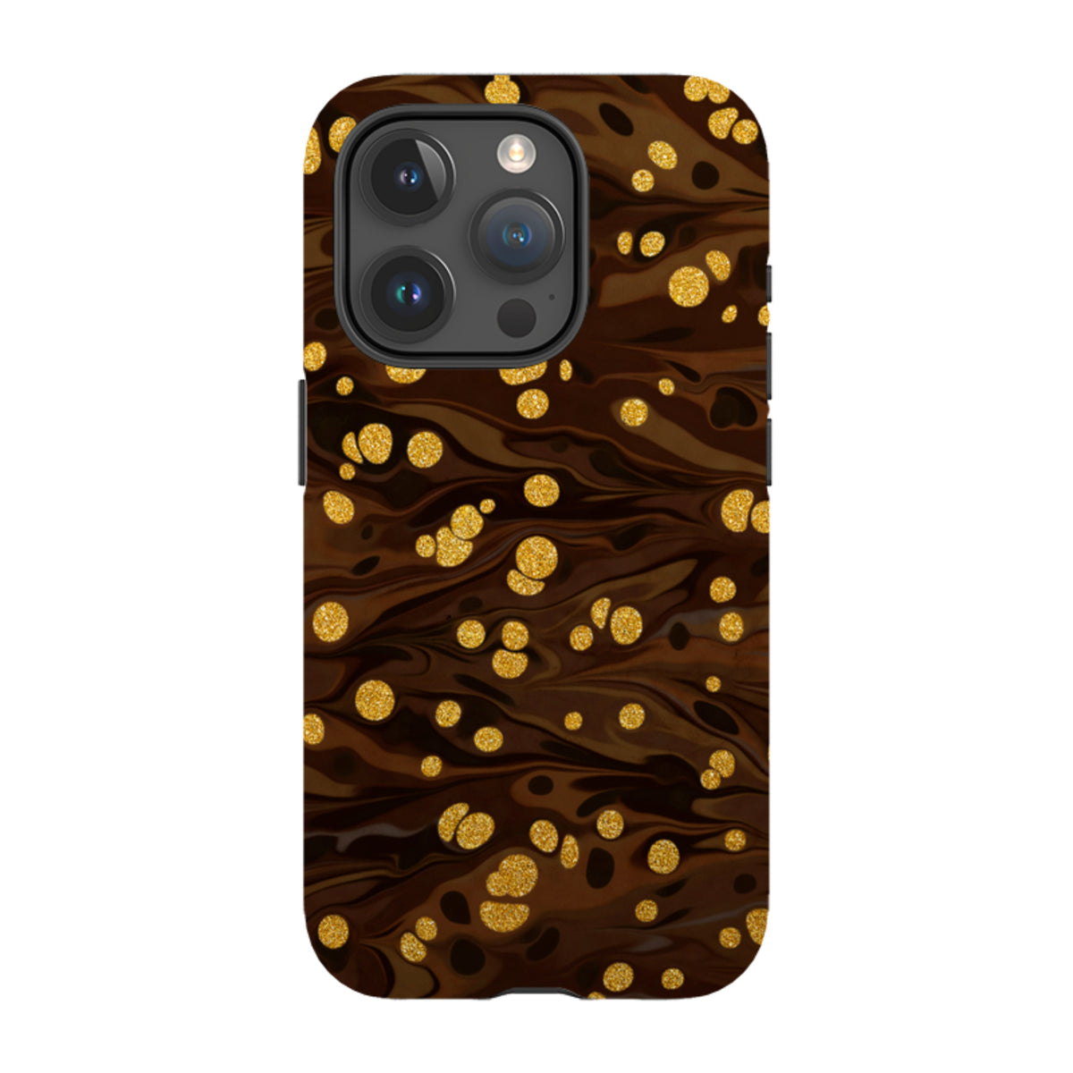 iPhone Tough Case in Ginger Soda featuring a brown marble pattern with shimmering gold glitter polka dot accents.