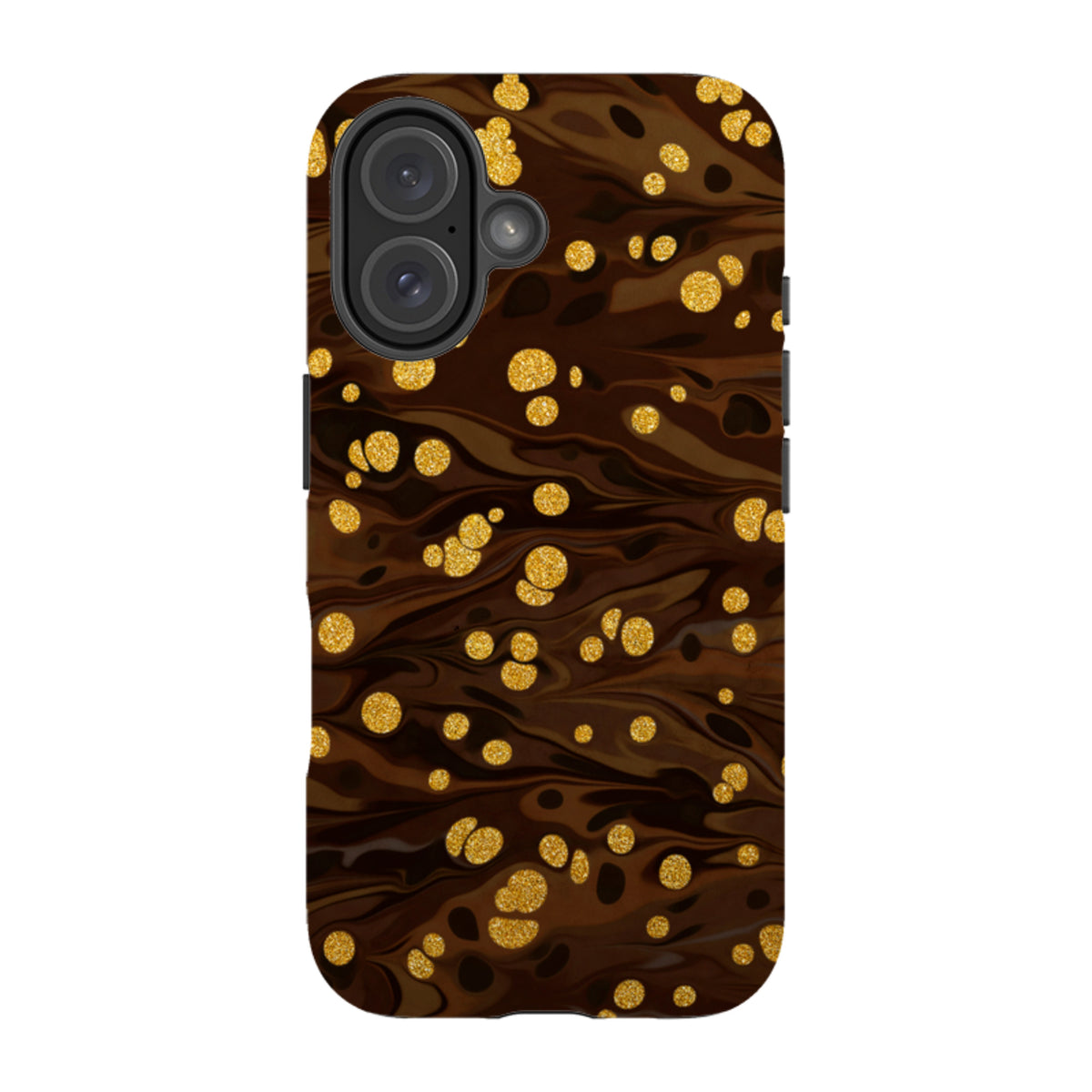 Ginger Soda iPhone tough case with a dark brown marbled pattern and shimmering gold glitter polka dot accents.