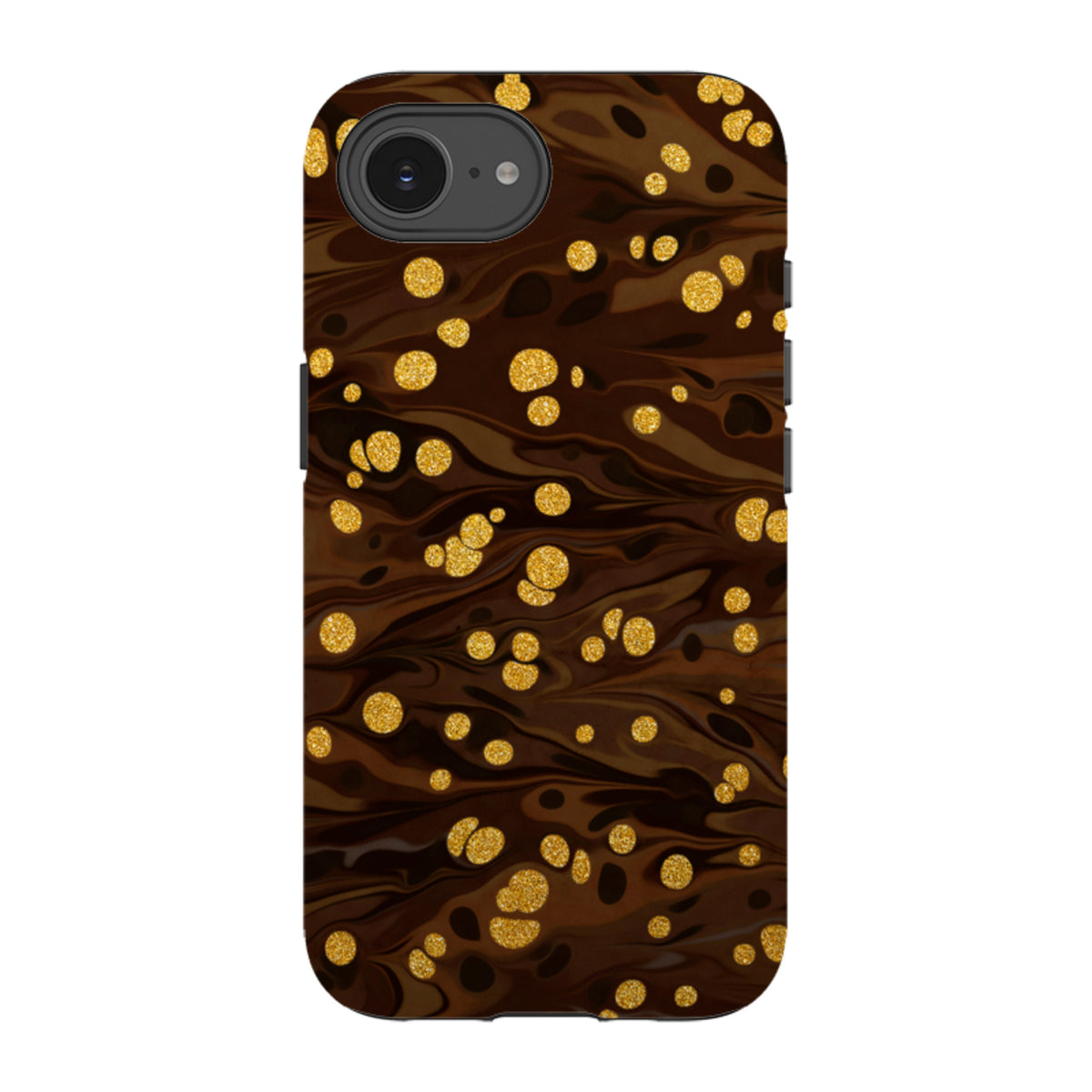 iPhone Tough Case in Ginger Soda featuring a dark brown marbled background with shimmering gold glitter polka dots.