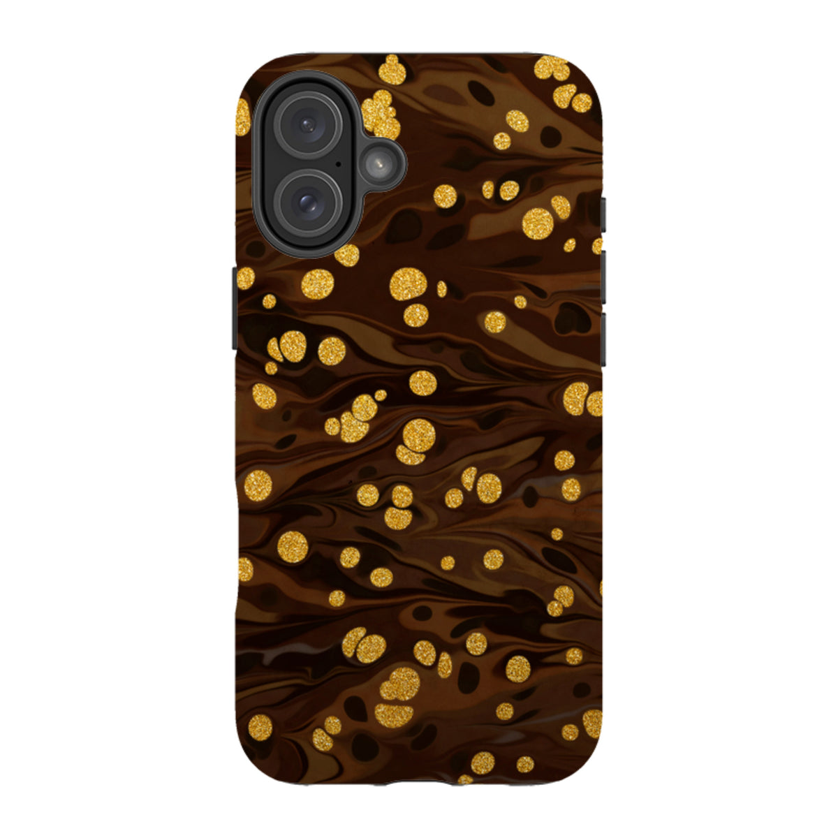 iPhone Tough Case in Ginger Soda with a dark brown marbled pattern and gold glitter polka dot accents.