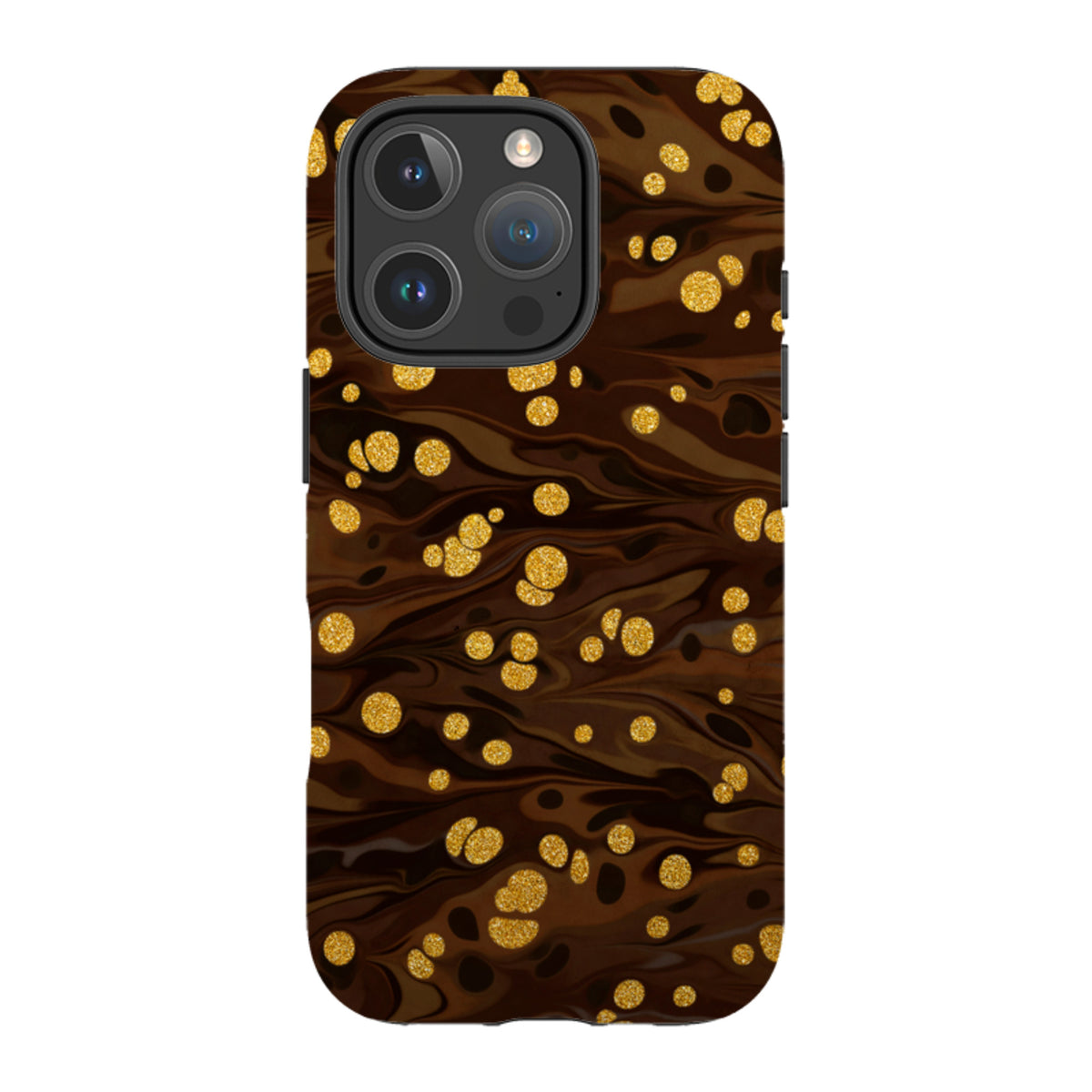 iPhone Tough Case in Ginger Soda featuring a dark brown marbled design with shimmering gold glitter polka dots.