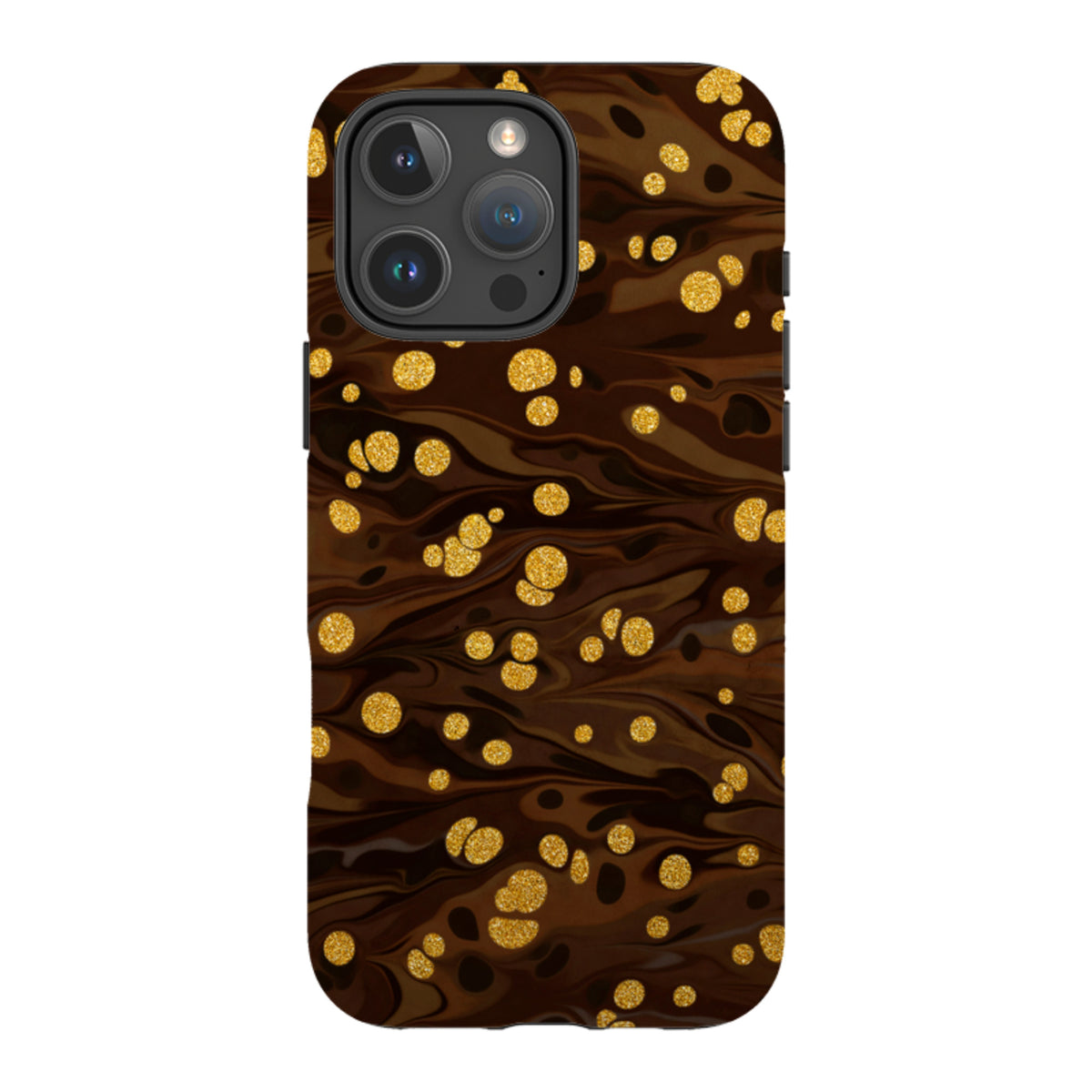iPhone Tough Case in Ginger Soda design featuring a dark brown marble pattern with shimmering gold glitter accents.