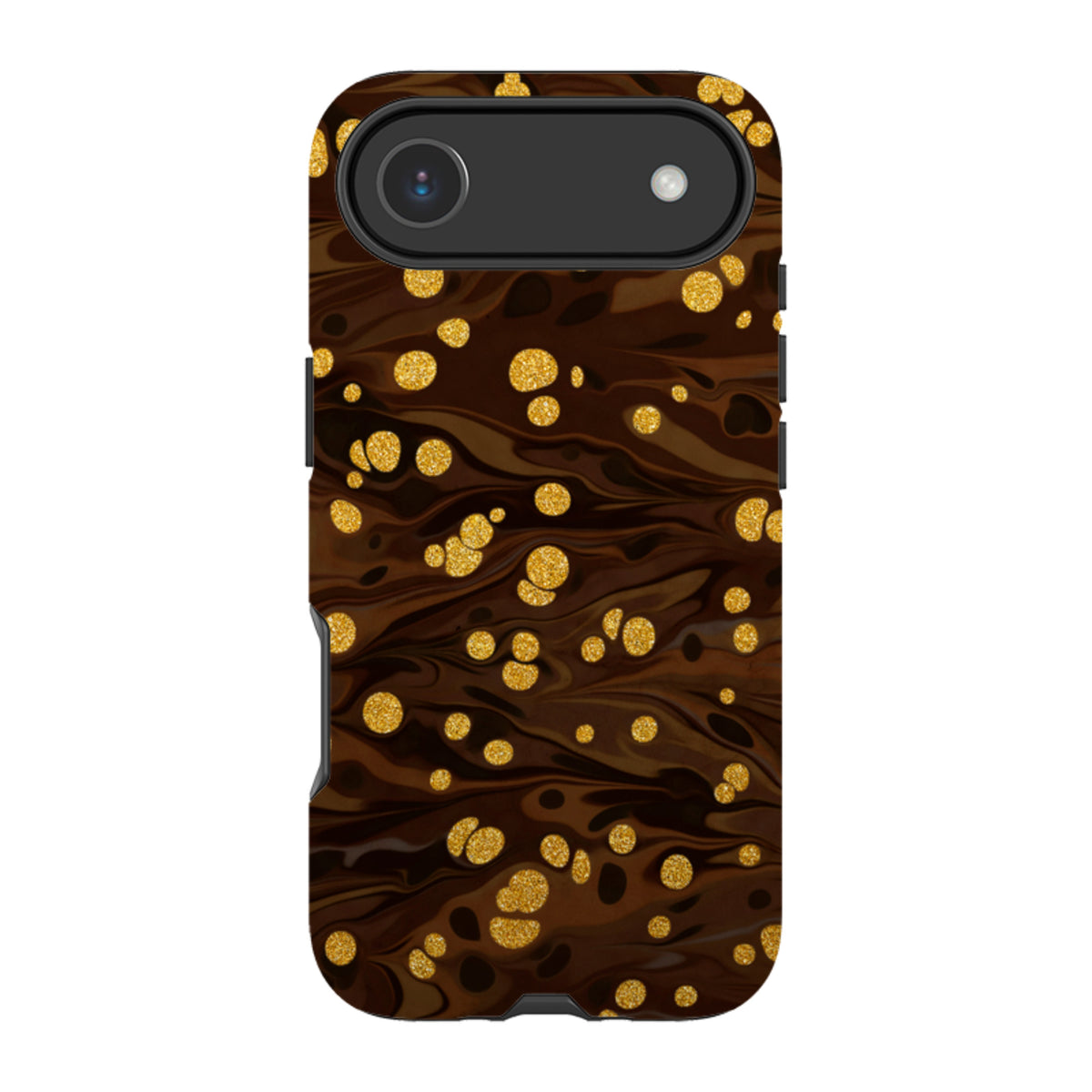 iPhone Tough Case in Ginger Soda featuring a brown marble pattern with shimmering gold glitter polka dots.