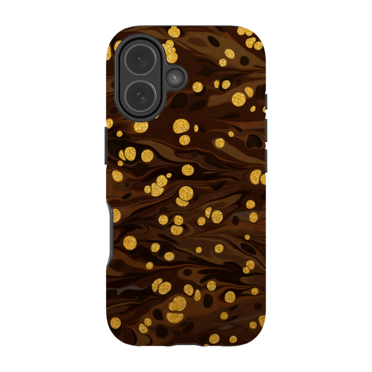 iPhone Tough Case in Ginger Soda with a dark brown marbled pattern and shimmering gold glitter accents.