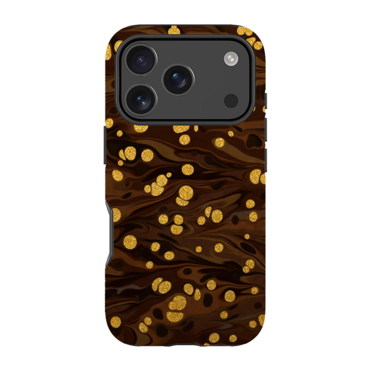iPhone tough case in Ginger Soda featuring a dark brown marbled design with shimmering gold glitter accents.