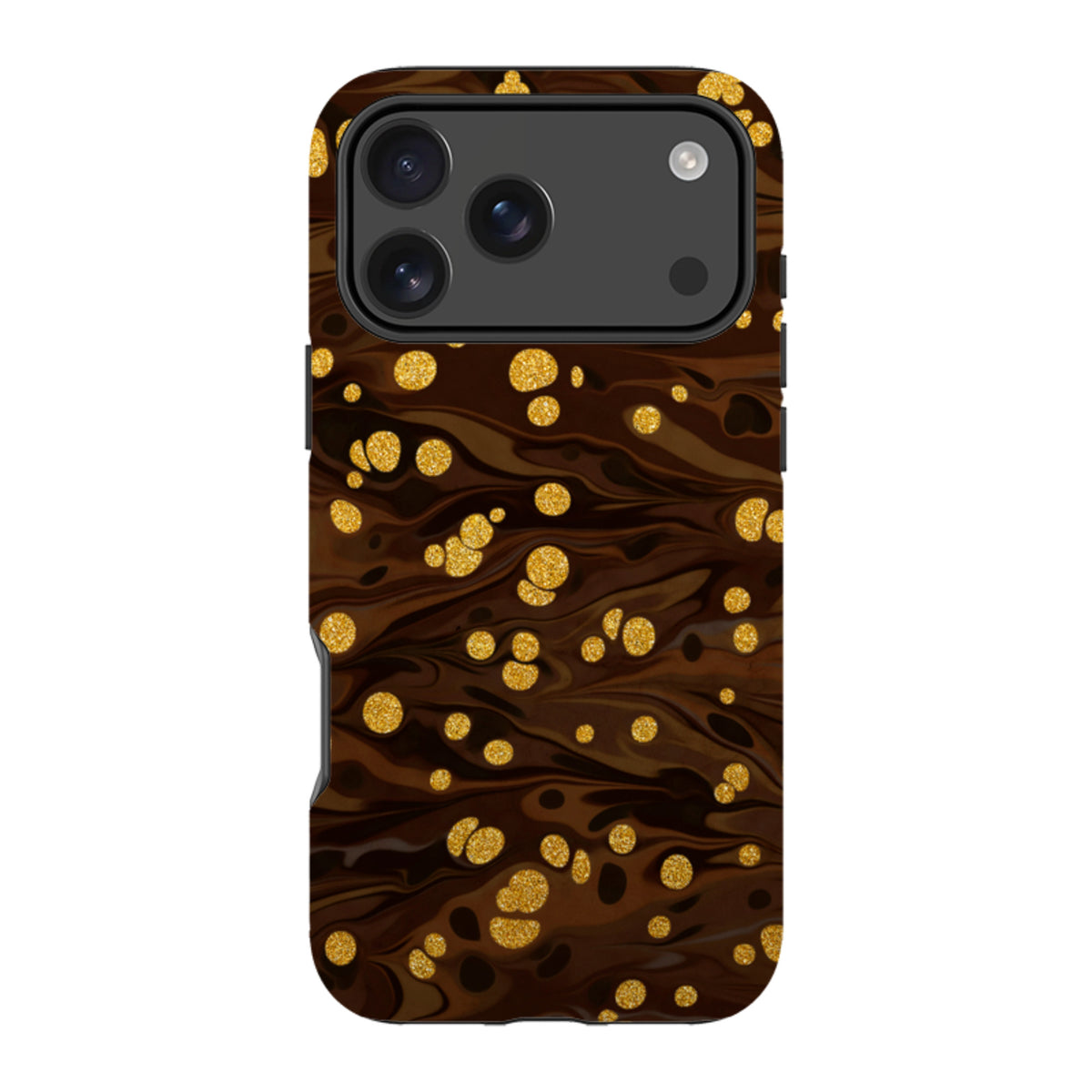 iPhone tough case with a brown marble swirl pattern and sparkling gold glitter dots, featuring a dual-layer design.