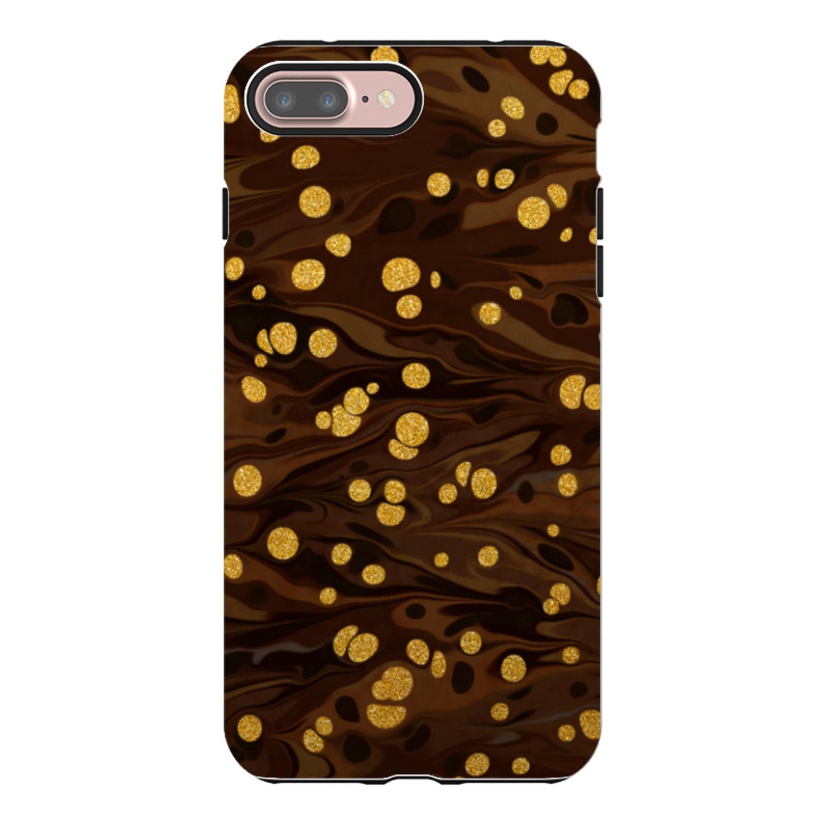 iPhone tough case with a dark brown marble swirl pattern and scattered gold glitter accents for dual-layer protection.