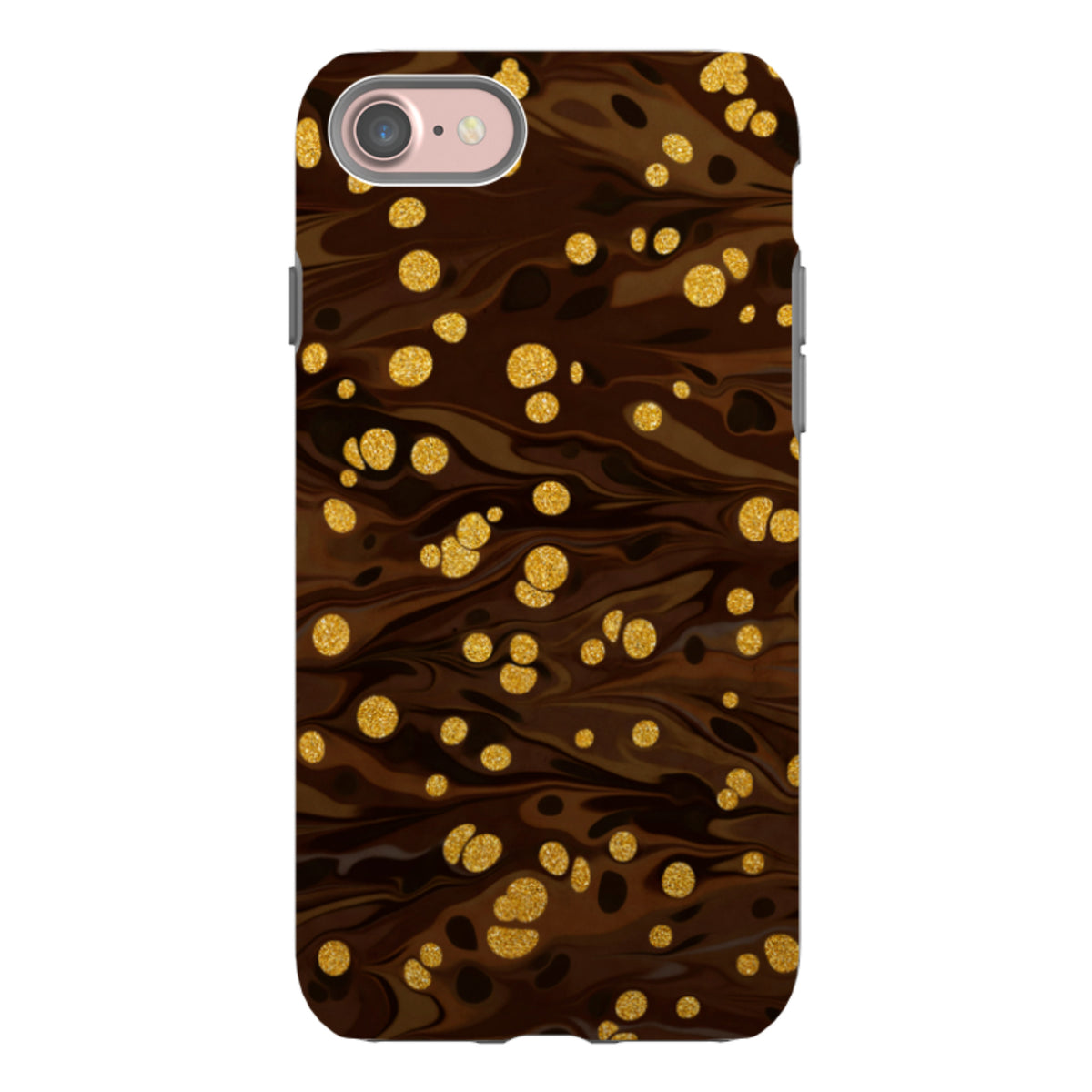 iPhone Tough Case in Ginger Soda featuring a dark brown marbled design with shimmering gold glitter polka dots.