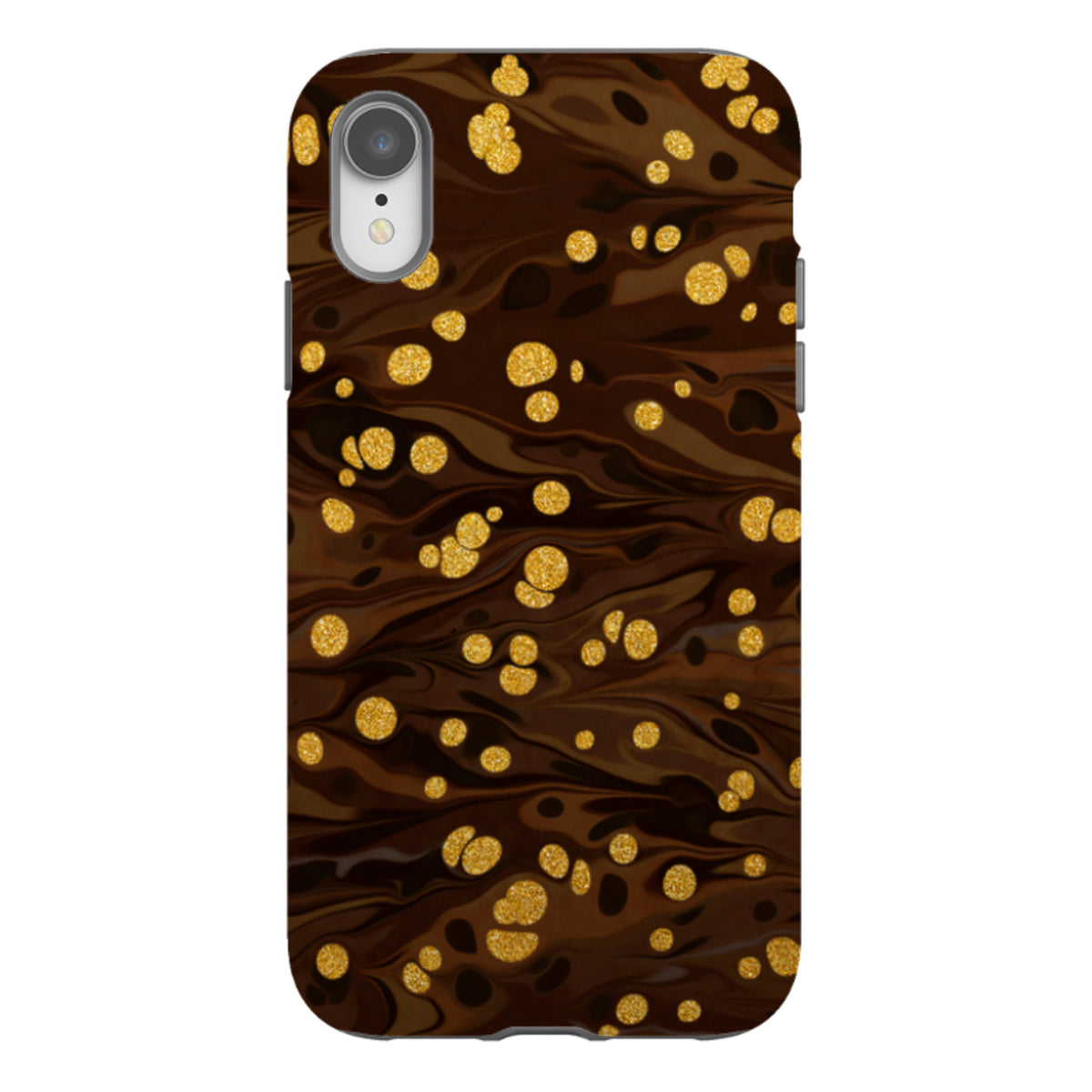 iPhone tough case with a brown marbled pattern and gold glitter accents, featuring a dual-layer design and camera cutout.