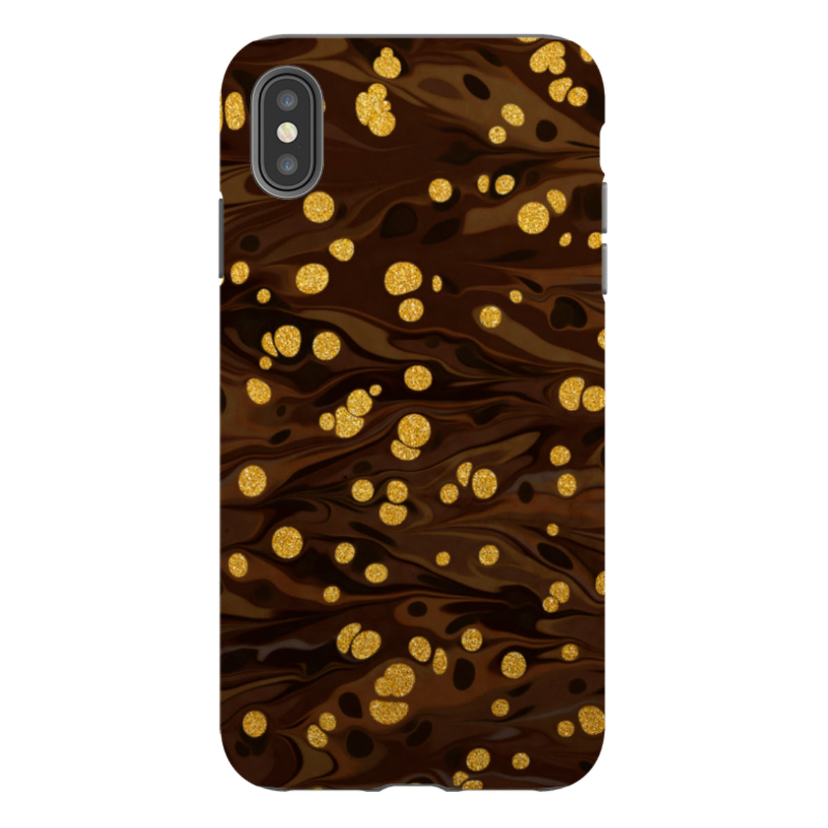 iPhone Tough Case in Ginger Soda featuring a dark brown marbled design with shimmering gold glitter polka dots.